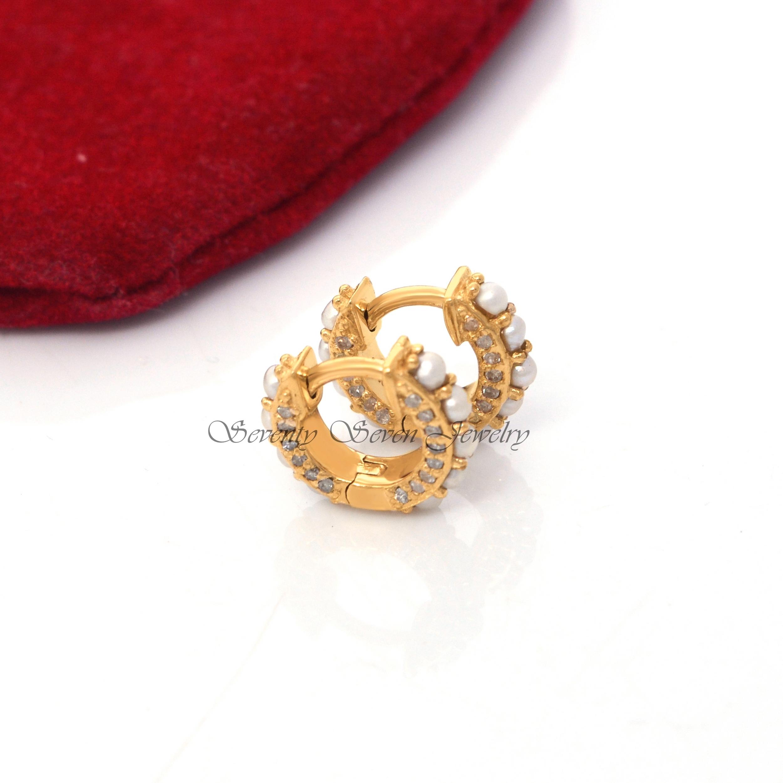 14K Gold Diamond Huggies: Pearl Hoop Earrings - View 7 - Seventy Seven Jewelry | SKU: SSMJE333-14KYGDIPL-2026 14K Gold Diamond Huggies: Pearl Hoop Earrings - View 7 - Seventy Seven Jewelry | SKU: SSMJE333-14KYGDIPL-2026
