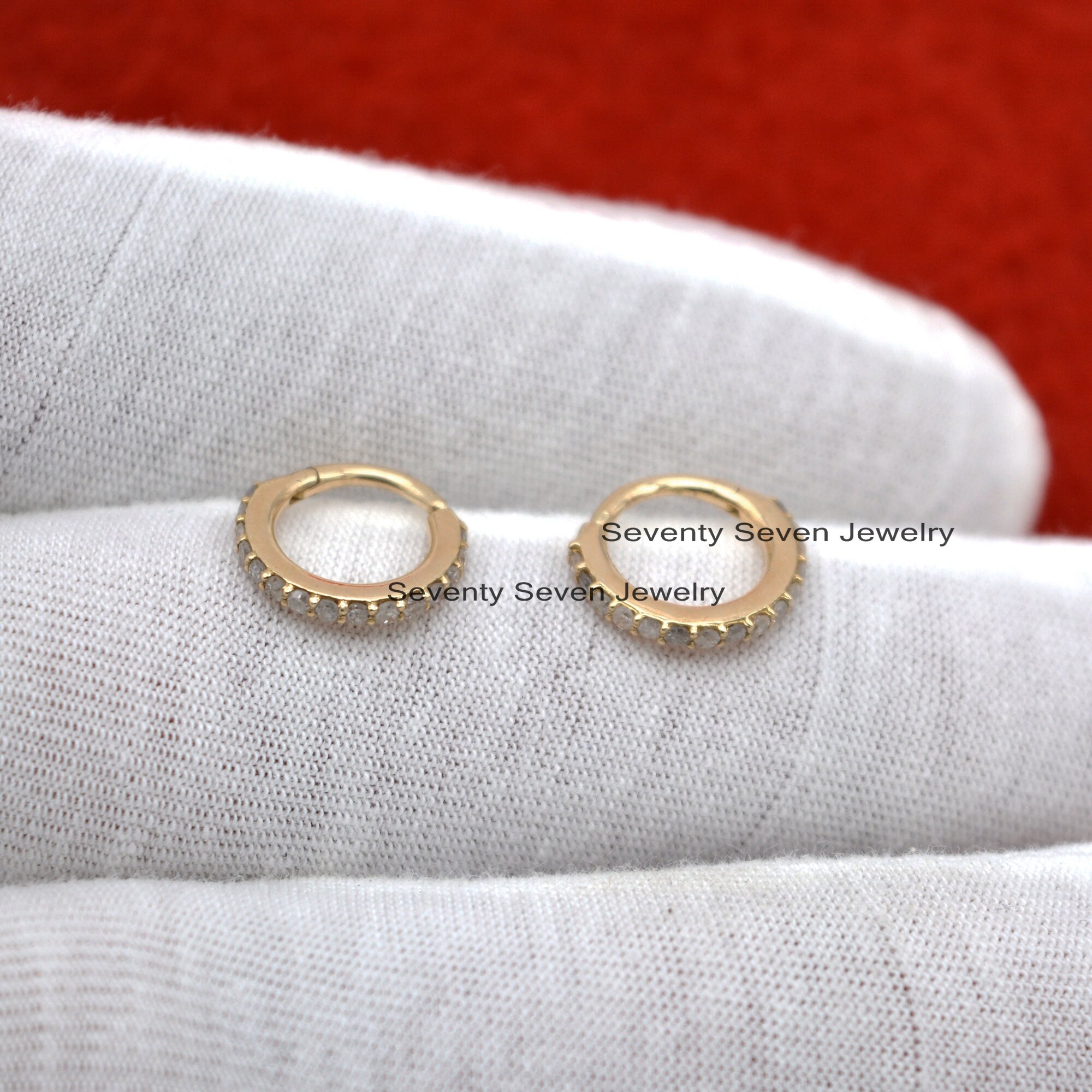 9k Gold Diamond Huggies: Minimalist Pave Hoop Earrings - View 6 - Seventy Seven Jewelry | SKU: SSMJE05-9KYGDI-2026 9k Gold Diamond Huggies: Minimalist Pave Hoop Earrings - View 6 - Seventy Seven Jewelry | SKU: SSMJE05-9KYGDI-2026