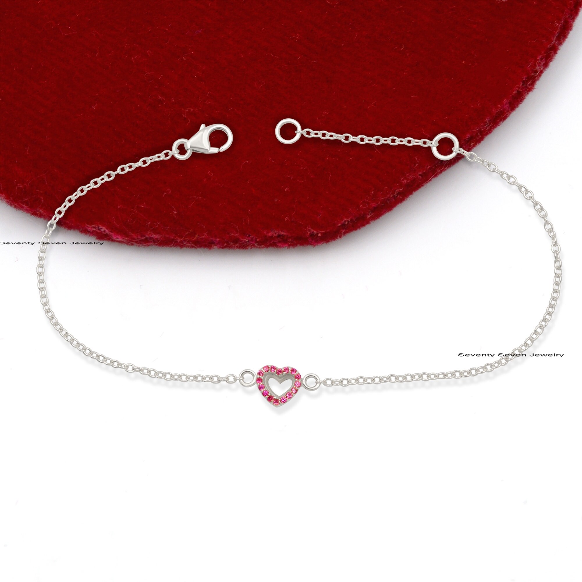 Pink Sapphire Heart Bracelet: Dainty Pave 925 Silver Gemstone - View 3 - Seventy Seven Jewelry | SKU: SSMJA233A-SLYGPSP-7-8I- Pink Sapphire Heart Bracelet: Dainty Pave 925 Silver Gemstone - View 3 - Seventy Seven Jewelry | SKU: SSMJA233A-SLYGPSP-7-8I-