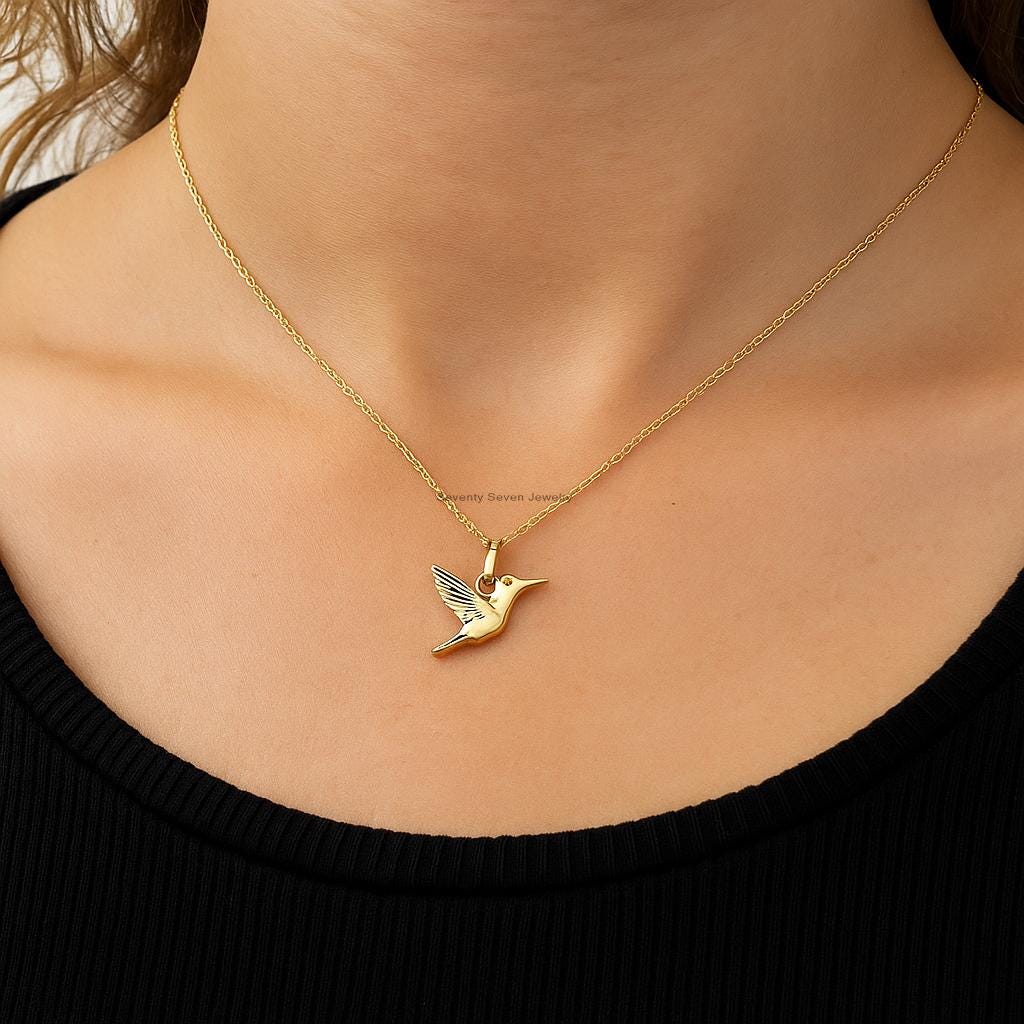 14K Gold Plated Hummingbird Pendant, Brown CZ, Sterling Silver - View 2 - Seventy Seven Jewelry | SKU: SSMJP 14K Gold Plated Hummingbird Pendant, Brown CZ, Sterling Silver - View 2 - Seventy Seven Jewelry | SKU: SSMJP