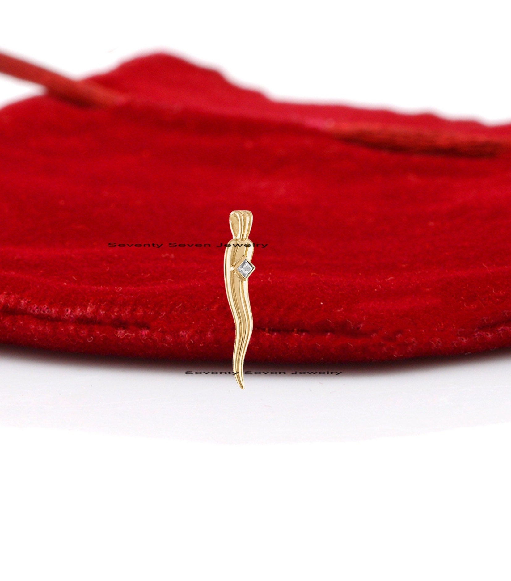 14k Gold Cornicello Horn Pendant: Italian Diamond Amulet - View 2 - Seventy Seven Jewelry | SKU: SSMJP1336-14KYGDI-2026