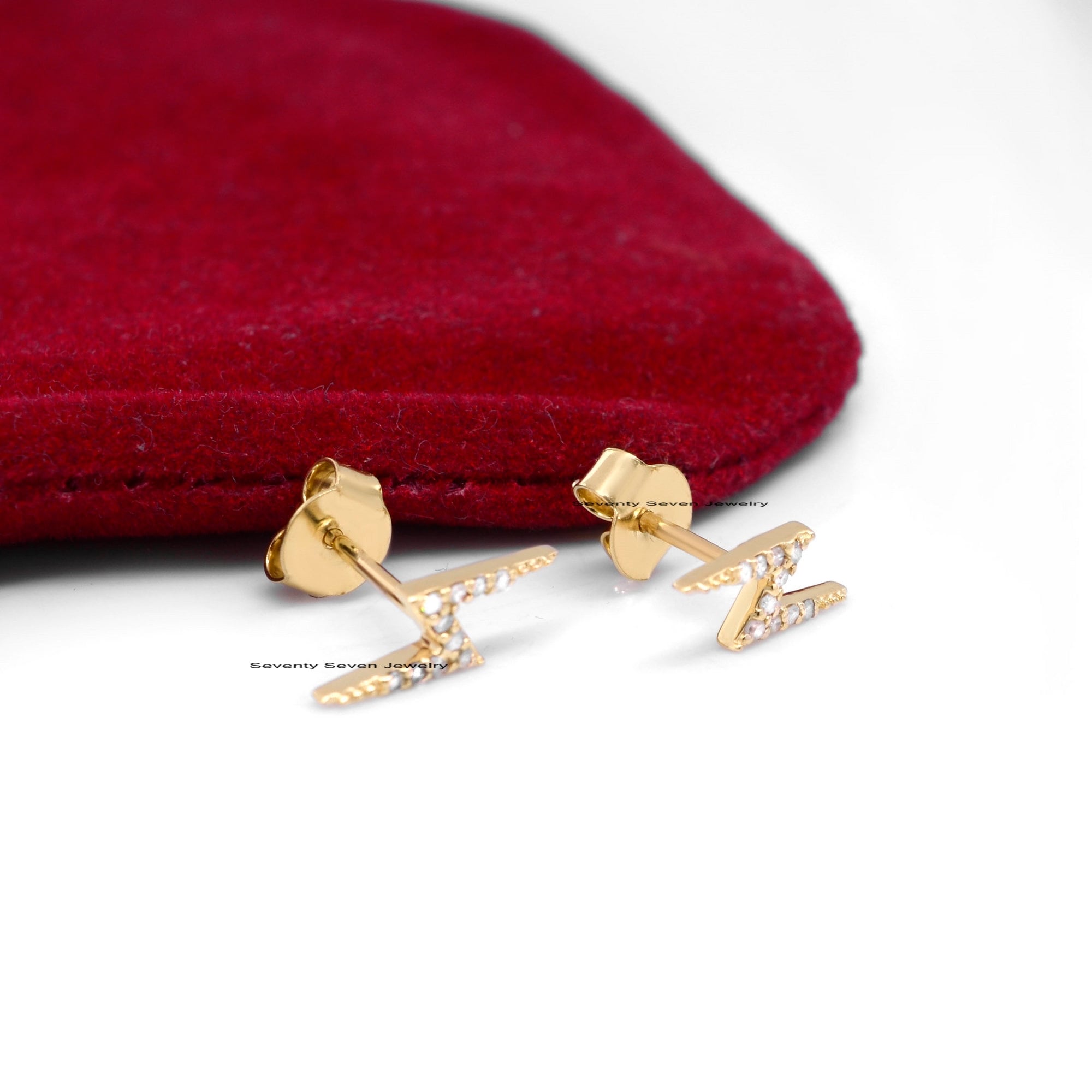 14K Gold Diamond Lightning Bolt Studs: Zig-Zag Earrings - View 4 - Seventy Seven Jewelry | SKU: SSMJE379-14KYGDI-2026 14K Gold Diamond Lightning Bolt Studs: Zig-Zag Earrings - View 4 - Seventy Seven Jewelry | SKU: SSMJE379-14KYGDI-2026