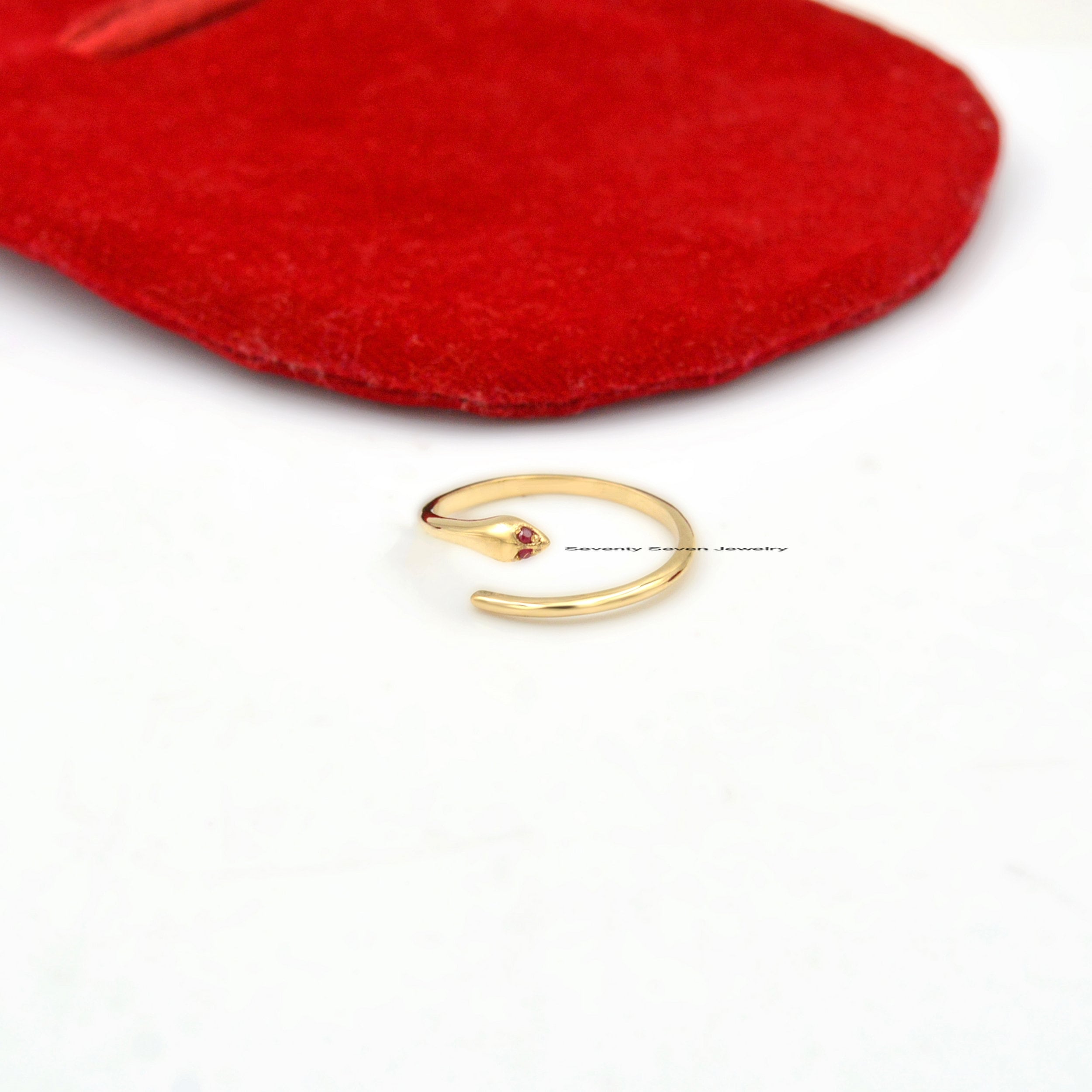 9k Gold Emerald Snake Ring: Dainty Serpent Stacking Band - View 2 - Seventy Seven Jewelry | SKU: SSMJR03-9KYGDI-2026 9k Gold Emerald Snake Ring: Dainty Serpent Stacking Band - View 2 - Seventy Seven Jewelry | SKU: SSMJR03-9KYGDI-2026