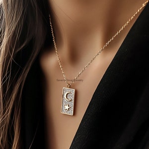 14k Gold Plated Star Moon Moissanite Pendant - Sterling Silver Dog Tag