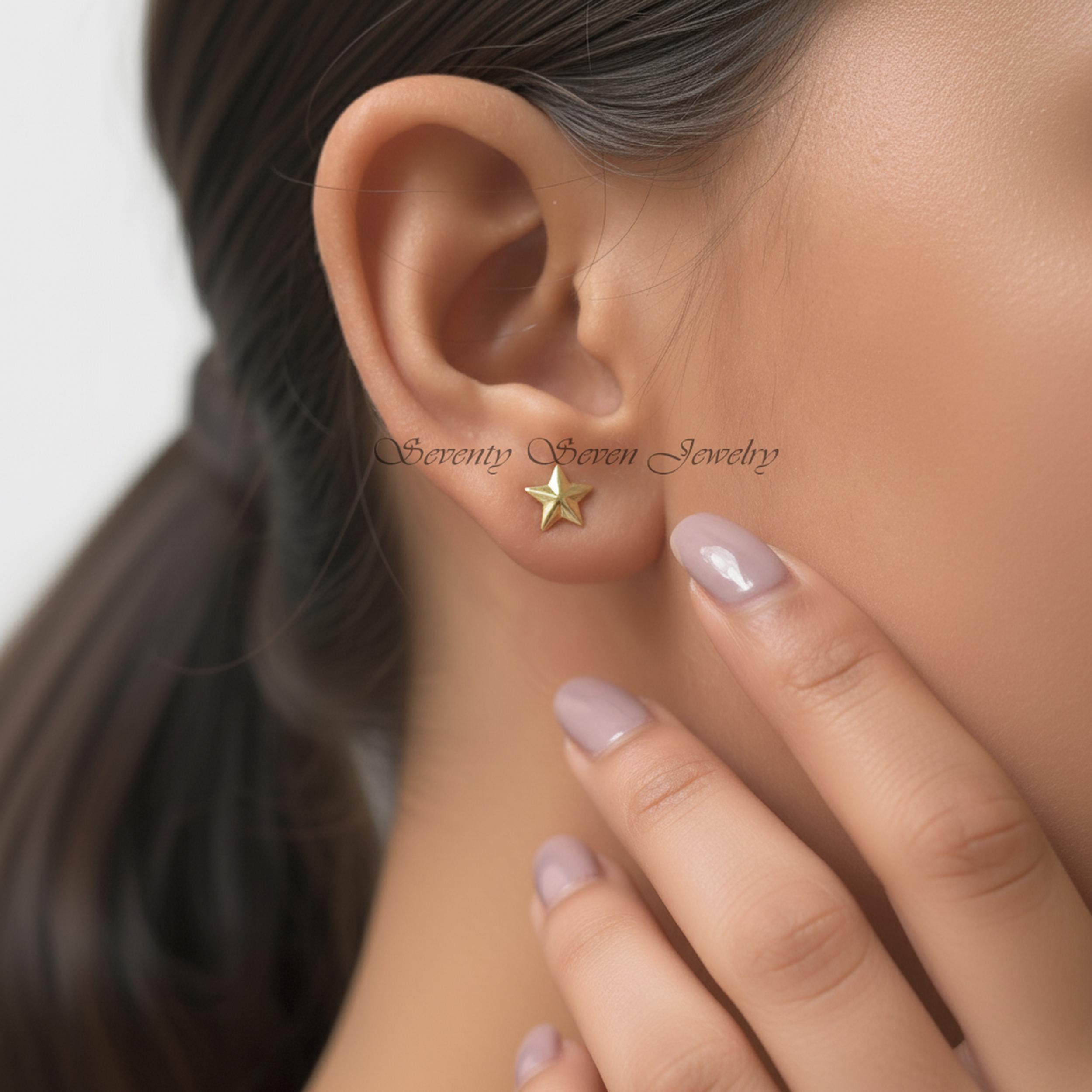 14K Gold Star Stud Earrings, Minimalist Starburst Jewelry, Everyday Dainty Studs - View 2 - Seventy Seven Jewelry | SKU: SSMJ 14K Gold Star Stud Earrings, Minimalist Starburst Jewelry, Everyday Dainty Studs - View 2 - Seventy Seven Jewelry | SKU: SSMJ