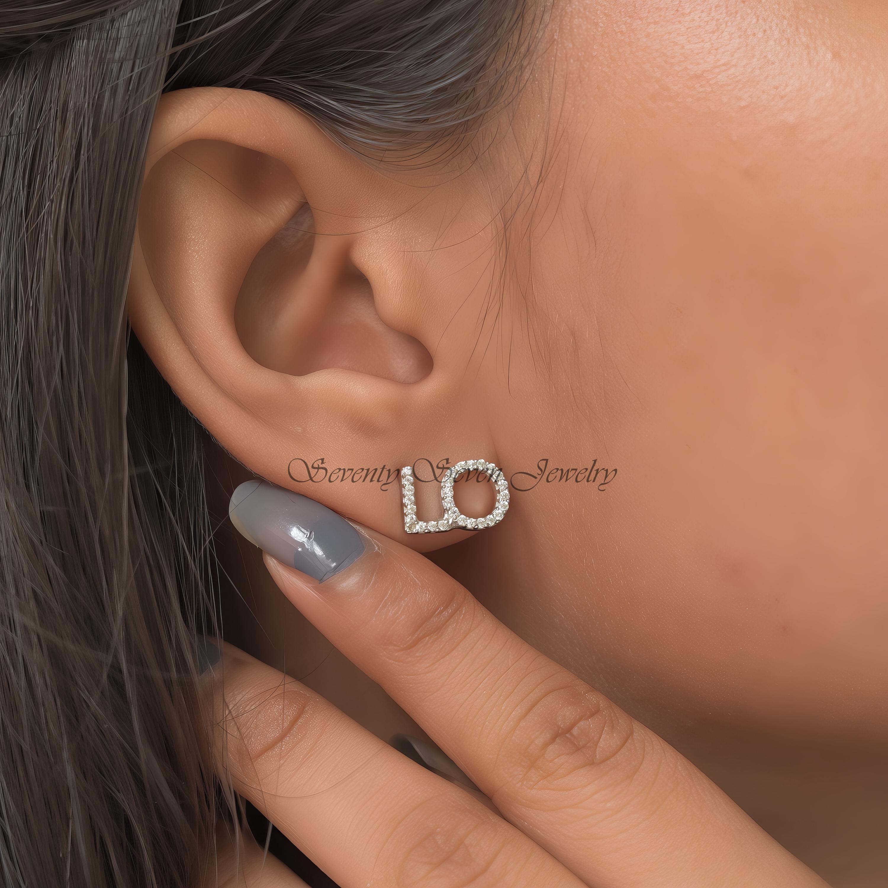 14K Gold Lab-Grown Diamond LOVE Stud Earrings | 10mm Sparkling Studs for Everyday - View 5 - Seventy Seven Jewelry | SKU: SSM 14K Gold Lab-Grown Diamond LOVE Stud Earrings | 10mm Sparkling Studs for Everyday - View 5 - Seventy Seven Jewelry | SKU: SSM