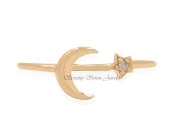 14k Gold Diamond Moon and Star Ring: Adjustable Celestial Jewelry