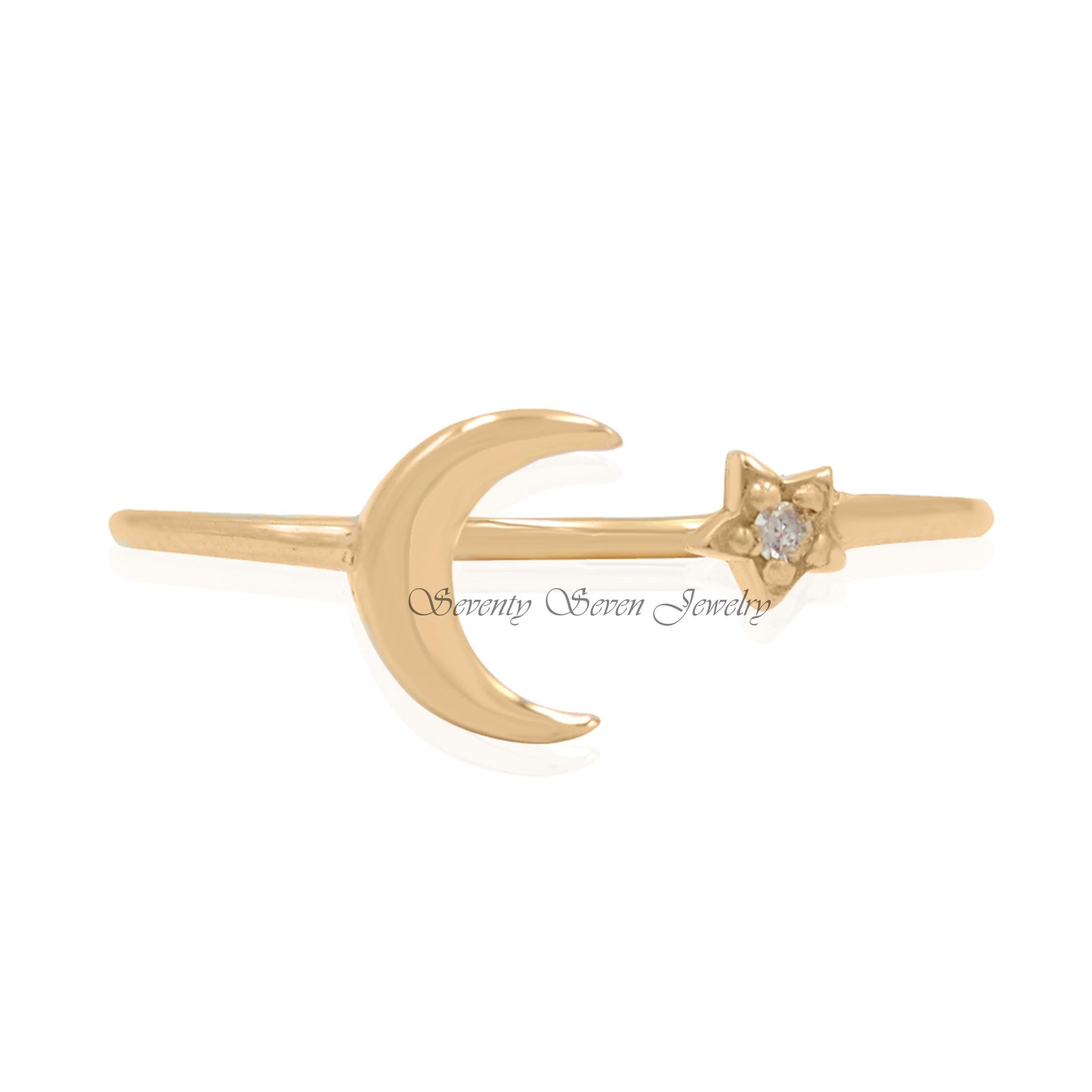 14k Gold Diamond Moon and Star Ring: Adjustable Celestial Jewelry - Seventy Seven Jewelry | SKU: SSMJR628-14KYGDI-2026 14k Gold Diamond Moon and Star Ring: Adjustable Celestial Jewelry - Seventy Seven Jewelry | SKU: SSMJR628-14KYGDI-2026