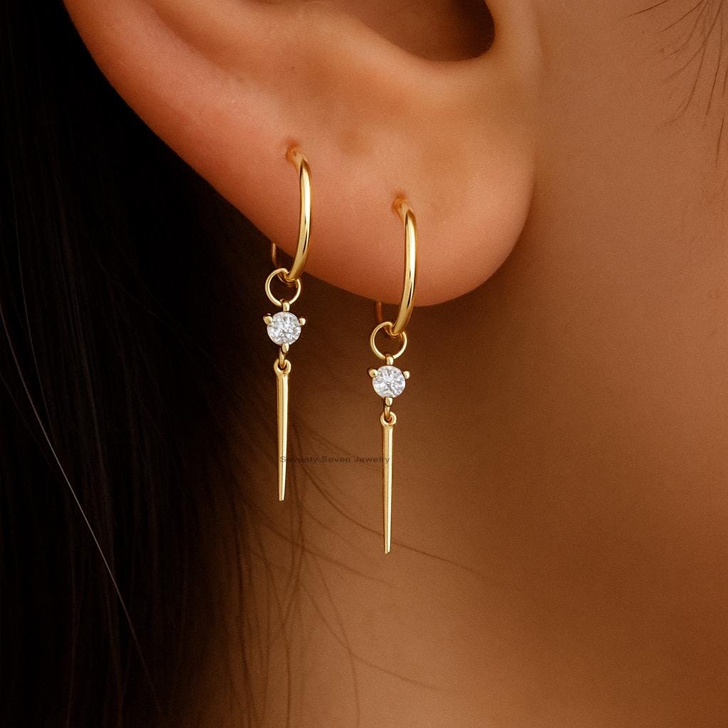 14K Gold Plated CZ Dangle Hoop Earrings, Sterling Silver - Seventy Seven Jewelry | SKU: SSMJE 14K Gold Plated CZ Dangle Hoop Earrings, Sterling Silver - Seventy Seven Jewelry | SKU: SSMJE