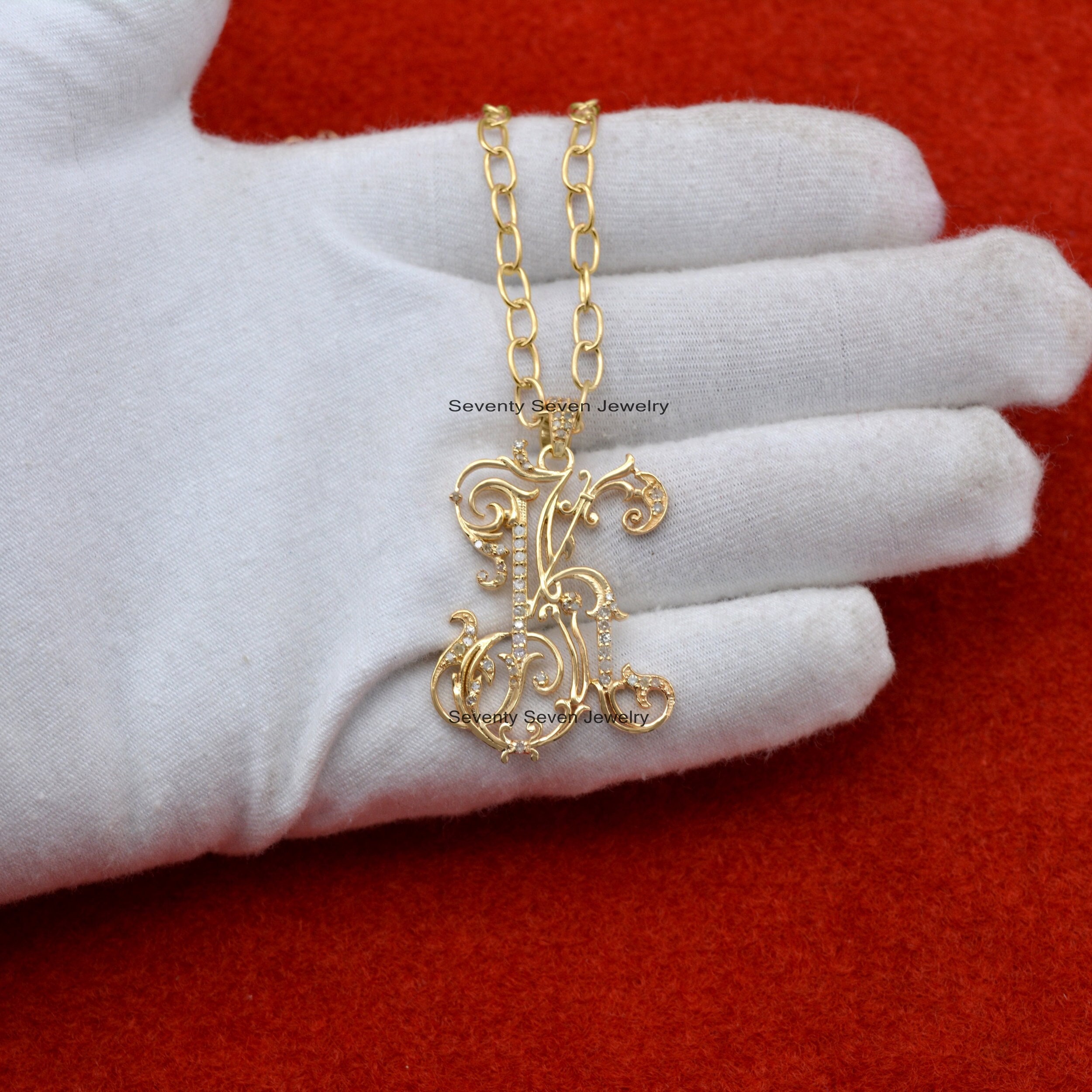 Gold Plated Sterling Silver Diamond Monogram Pendant - Custom 2 Letter Initial - View 7 - Seventy Seven Jewelry | SKU: SSMJP4 Gold Plated Sterling Silver Diamond Monogram Pendant - Custom 2 Letter Initial - View 7 - Seventy Seven Jewelry | SKU: SSMJP4