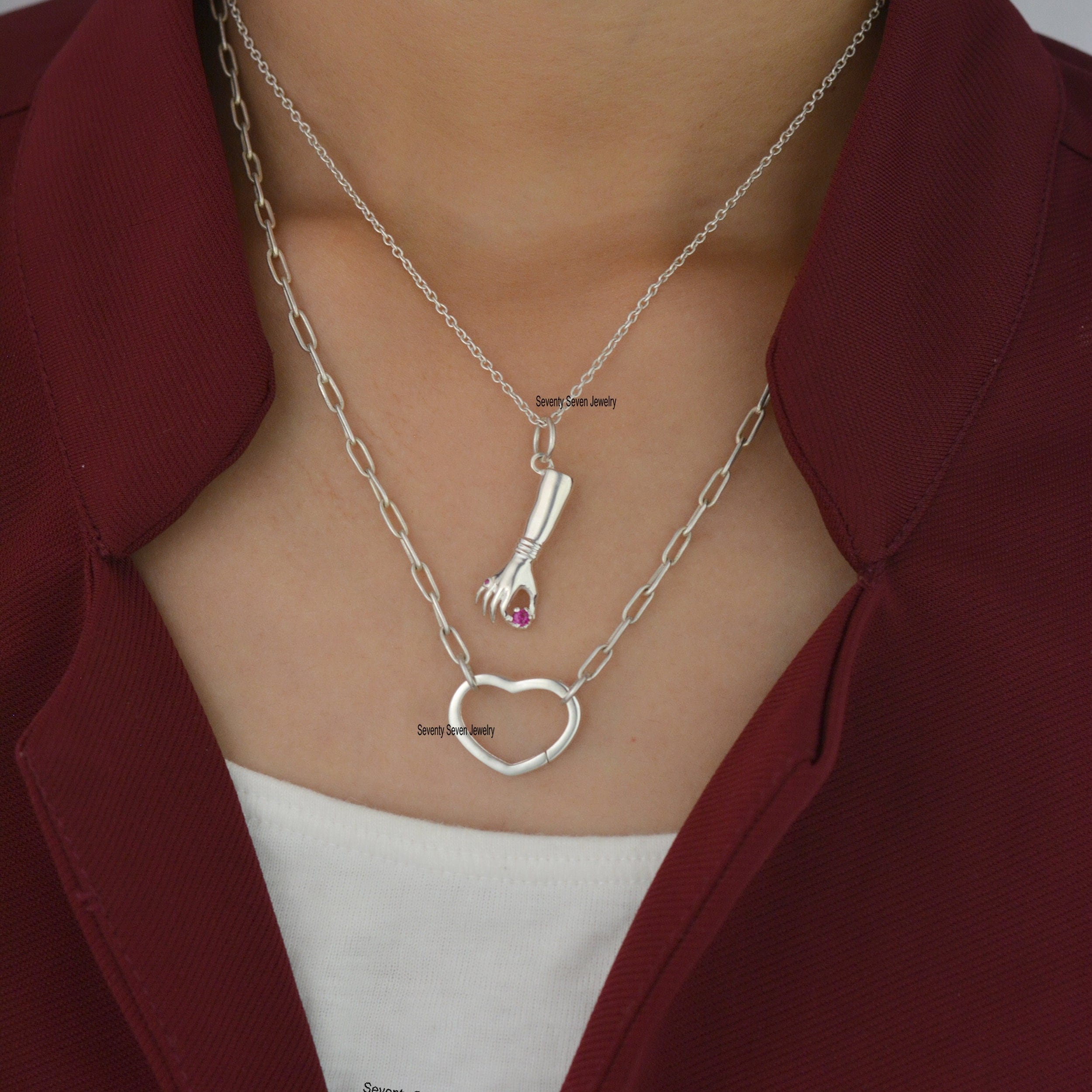 Sterling Silver Figa Hand Necklace: Ruby Gemstone Pendant - View 2 - Seventy Seven Jewelry | SKU: SSMJP517-N41-SLWGRU-2026 Sterling Silver Figa Hand Necklace: Ruby Gemstone Pendant - View 2 - Seventy Seven Jewelry | SKU: SSMJP517-N41-SLWGRU-2026