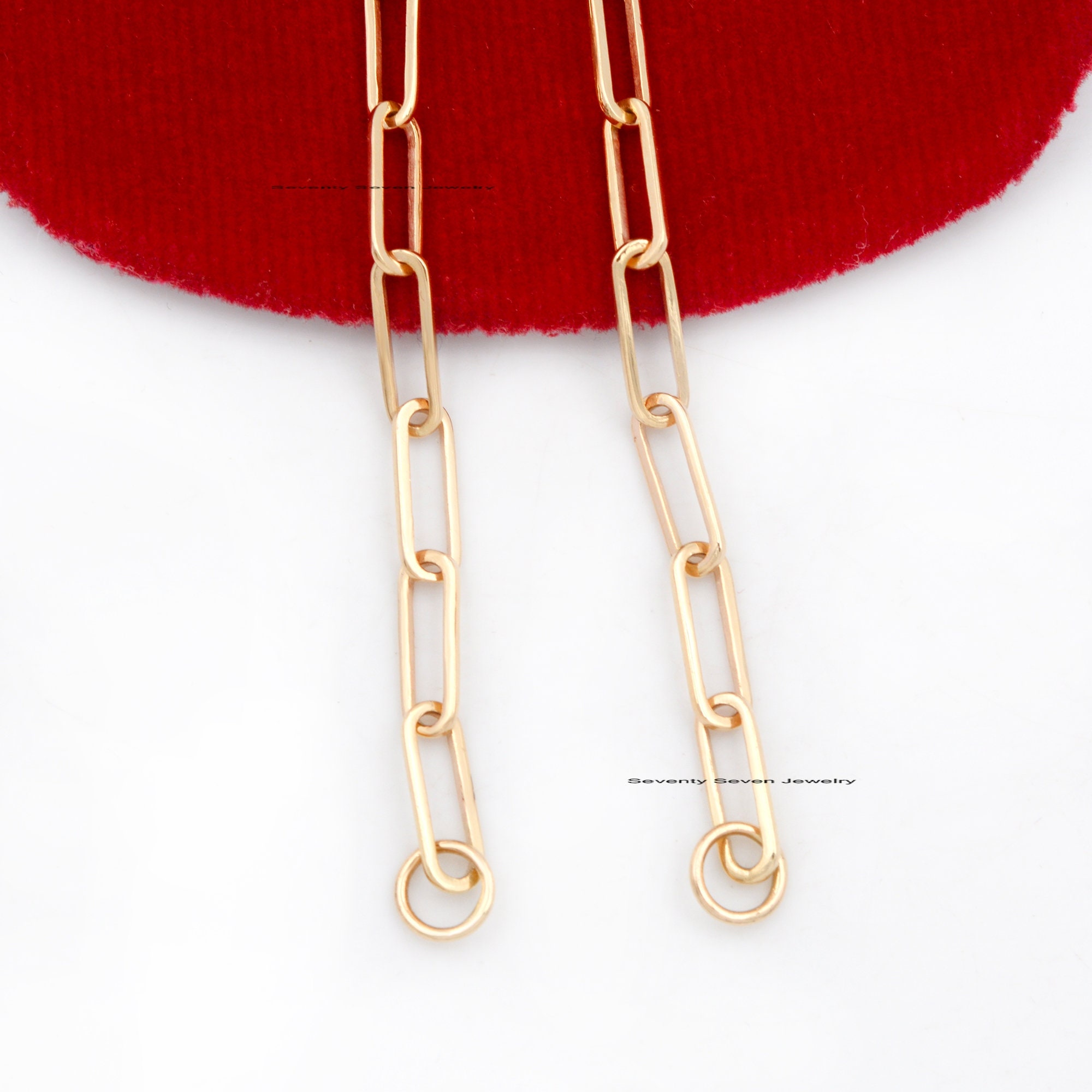 14k Gold Paperclip Chain Necklace: Rectangle Link, Adjustable Length - View 6 - Seventy Seven Jewelry | SKU: SSG1-14KYG-12M-1 14k Gold Paperclip Chain Necklace: Rectangle Link, Adjustable Length - View 6 - Seventy Seven Jewelry | SKU: SSG1-14KYG-12M-1