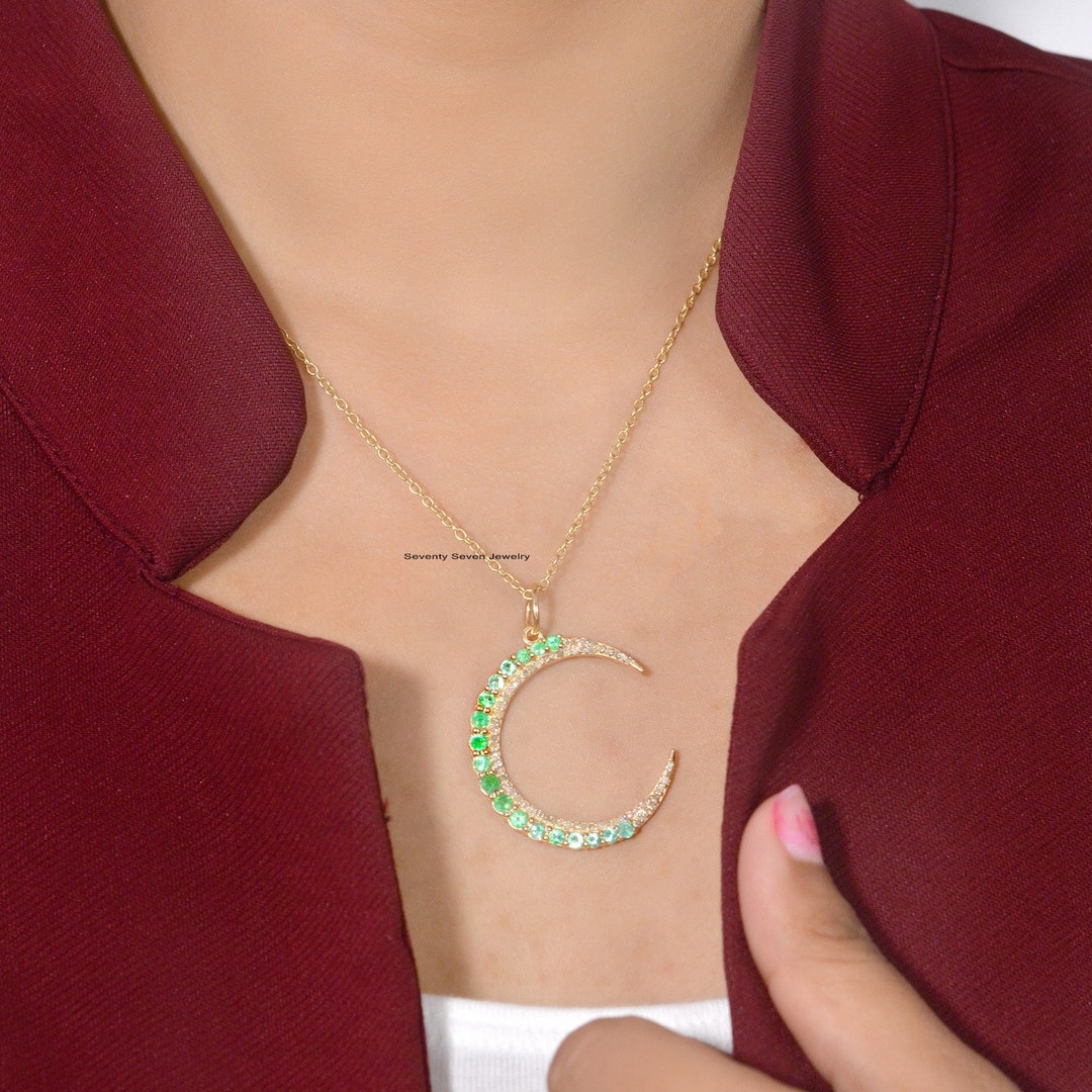 925 Silver Crescent Moon Pendant, Diamond Half Moon Pendant, Diamond