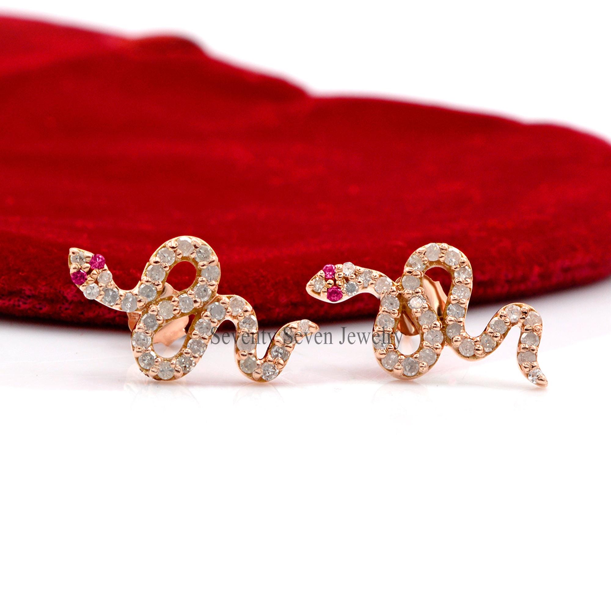 14k Gold Diamond Snake Studs: Dainty Serpent Earrings - Seventy Seven Jewelry | SKU: SSMJE341-14KYGDIRU-2026 14k Gold Diamond Snake Studs: Dainty Serpent Earrings - Seventy Seven Jewelry | SKU: SSMJE341-14KYGDIRU-2026
