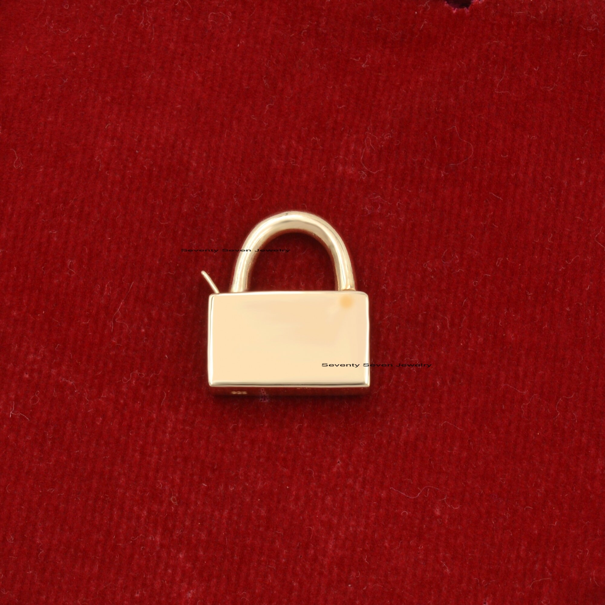 14K Gold Plated Padlock Pendant: Sterling Silver Connector (20x18 MM) - View 3 - Seventy Seven Jewelry | SKU: SSMJP31-1SLYG-2 14K Gold Plated Padlock Pendant: Sterling Silver Connector (20x18 MM) - View 3 - Seventy Seven Jewelry | SKU: SSMJP31-1SLYG-2