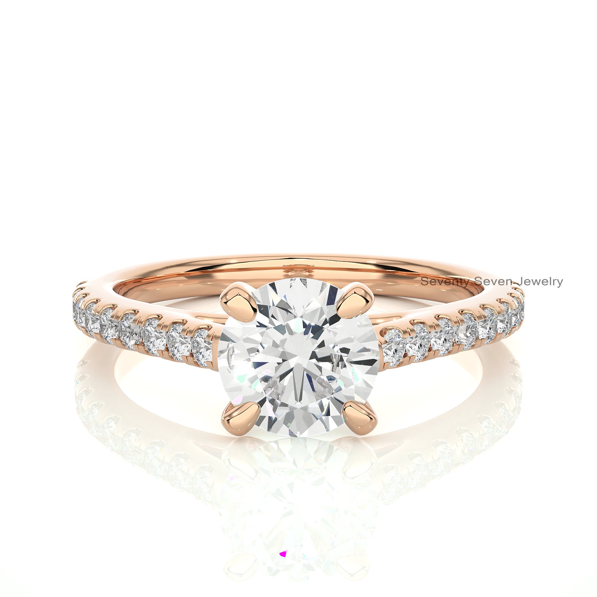 14K Gold Moissanite Diamond Ring: Delicate Side-Stone Proposal Band - View 7 - Seventy Seven Jewelry | SKU: MJR1927-14KYGMN-2 14K Gold Moissanite Diamond Ring: Delicate Side-Stone Proposal Band - View 7 - Seventy Seven Jewelry | SKU: MJR1927-14KYGMN-2