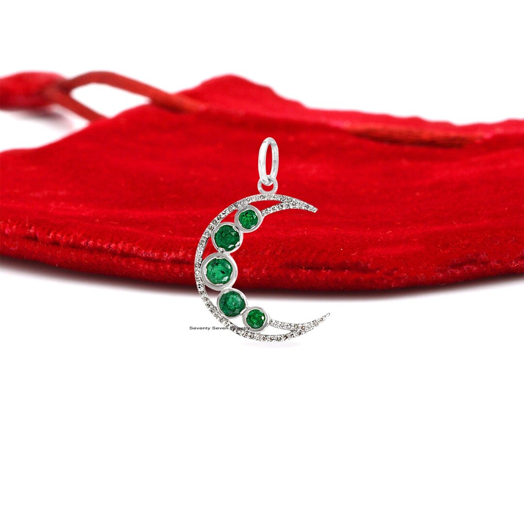 925 Silver Moon Pendant Diamond Emerald Moon Pendant Half Etsy