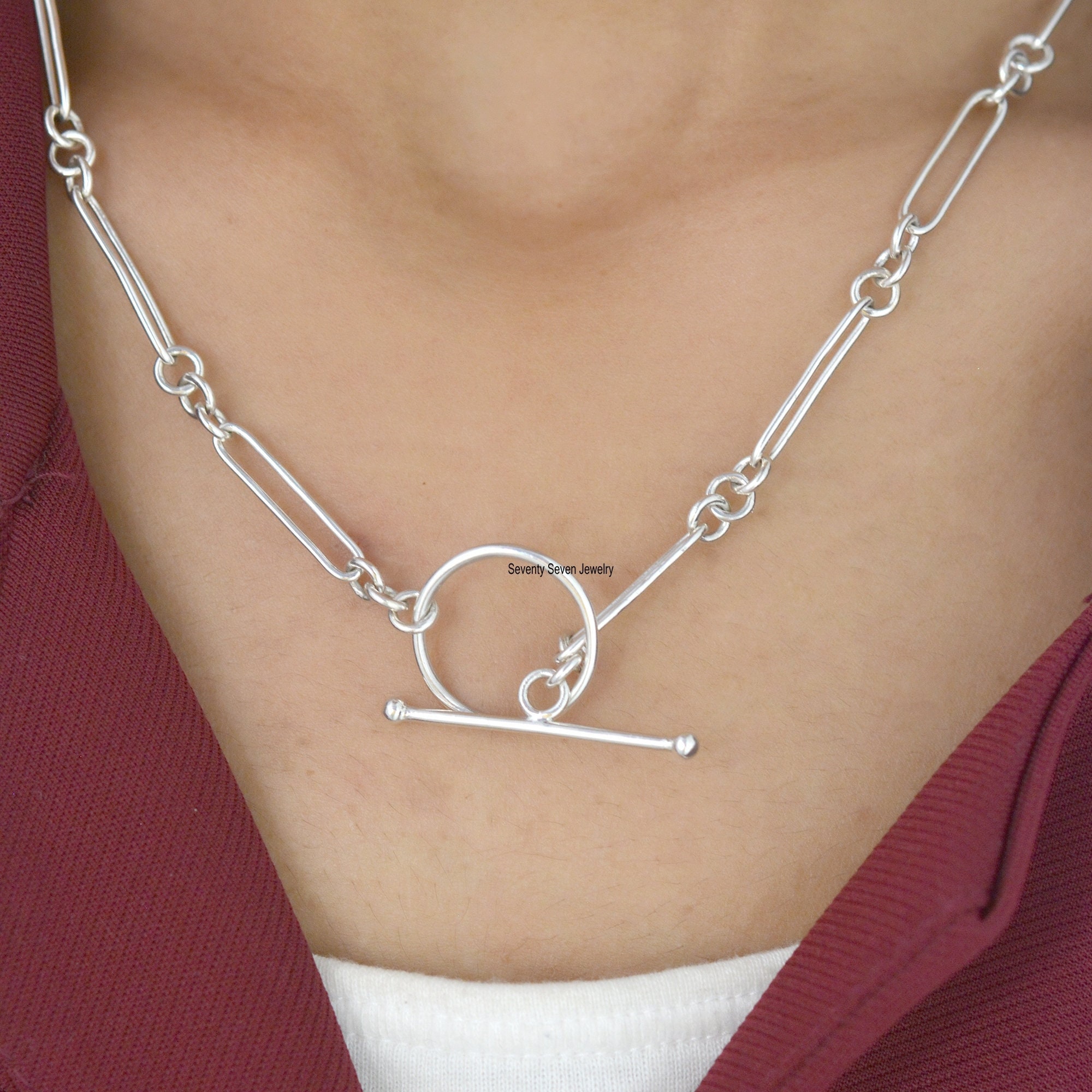 Sterling Silver Trombone Link Albert Chain - Adjustable Paperclip Necklace - View 2 - Seventy Seven Jewelry | SKU: SSG14-SLYG