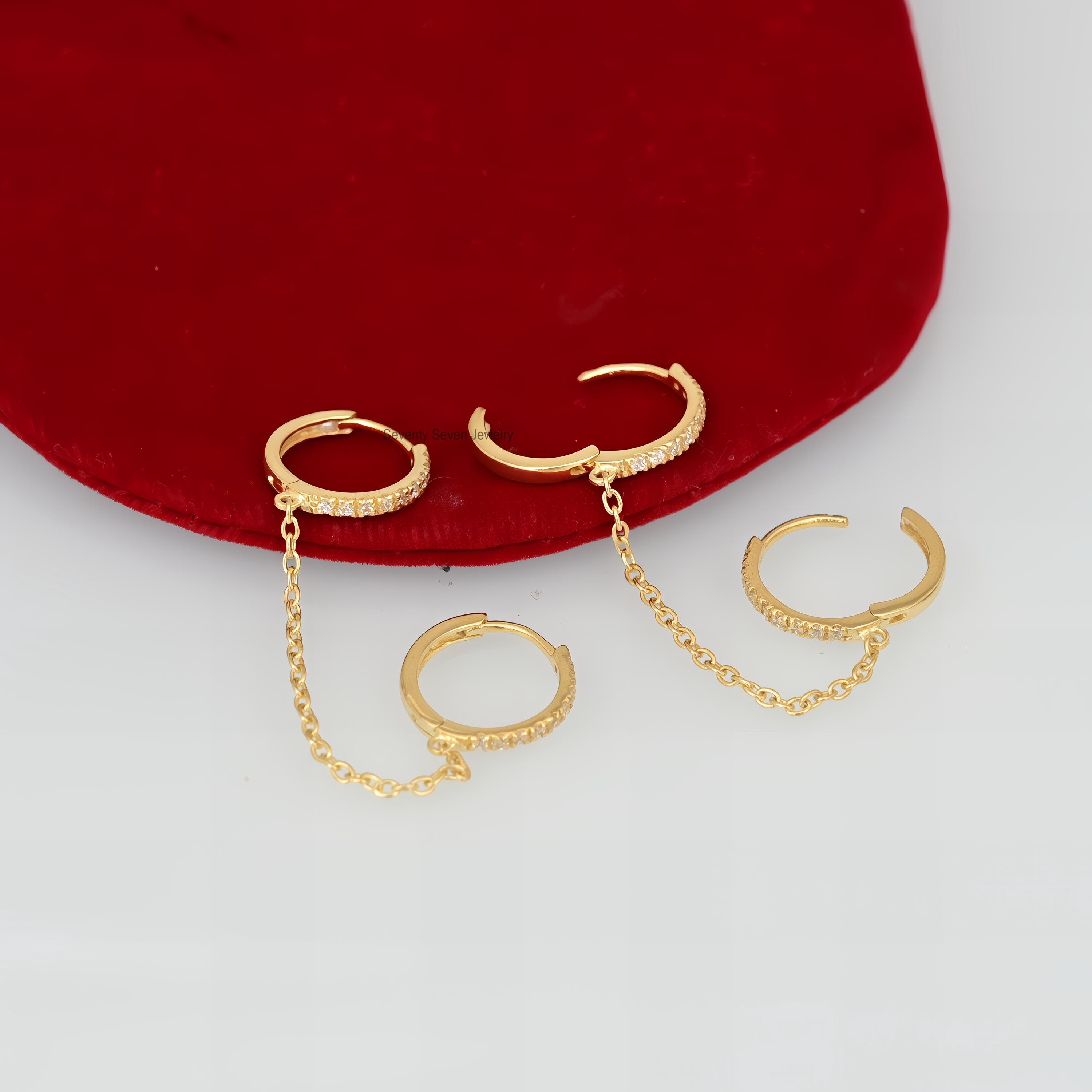 14K Gold Moissanite Chain Hoop Huggies: Dangle Earrings - View 3 - Seventy Seven Jewelry | SKU: SSMJE1709-SLYGCZ-11M-2026 14K Gold Moissanite Chain Hoop Huggies: Dangle Earrings - View 3 - Seventy Seven Jewelry | SKU: SSMJE1709-SLYGCZ-11M-2026