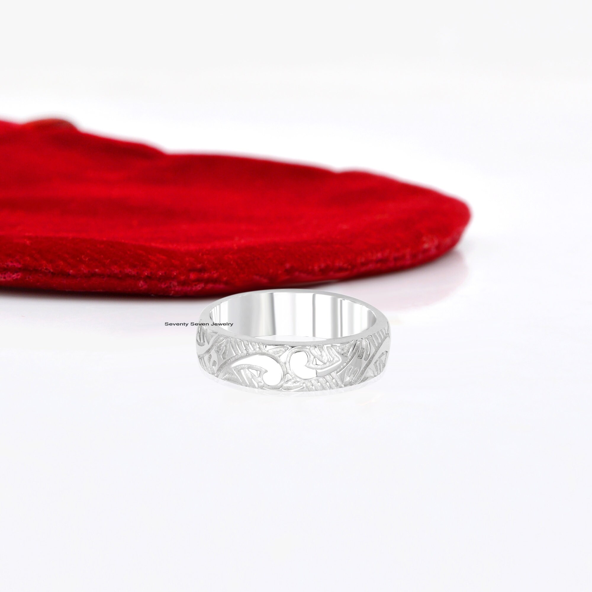 Sterling Silver Floral Engraved Band Ring: Carved Wedding Jewelry - View 3 - Seventy Seven Jewelry | SKU: SSMJR624-SLYG-2026 Sterling Silver Floral Engraved Band Ring: Carved Wedding Jewelry - View 3 - Seventy Seven Jewelry | SKU: SSMJR624-SLYG-2026