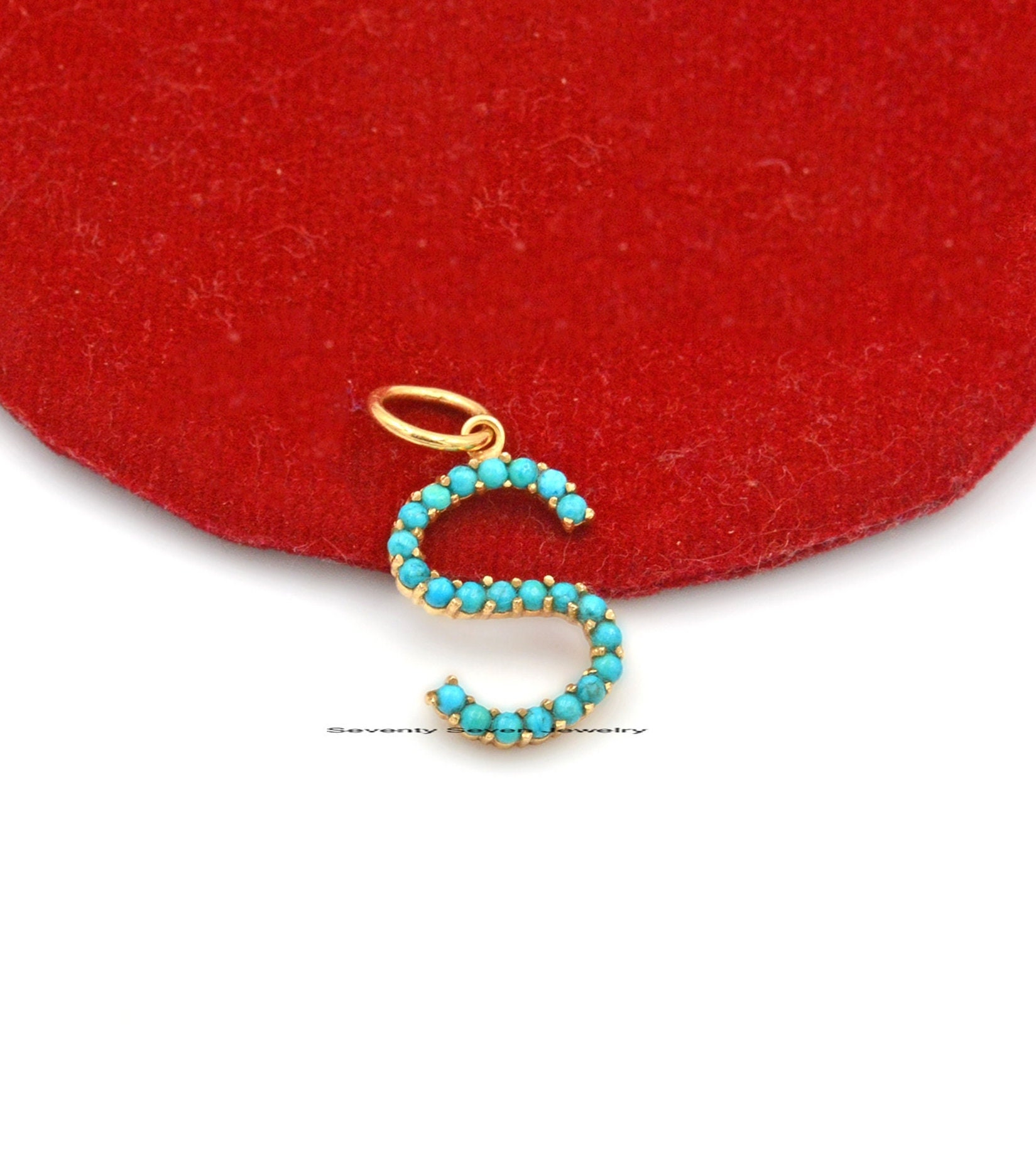 Turquoise Initial Pendant: 925 Silver Gemstone Letter Charm - View 3 - Seventy Seven Jewelry | SKU: SSMJP87-SLNSTQ-N-2026 Turquoise Initial Pendant: 925 Silver Gemstone Letter Charm - View 3 - Seventy Seven Jewelry | SKU: SSMJP87-SLNSTQ-N-2026