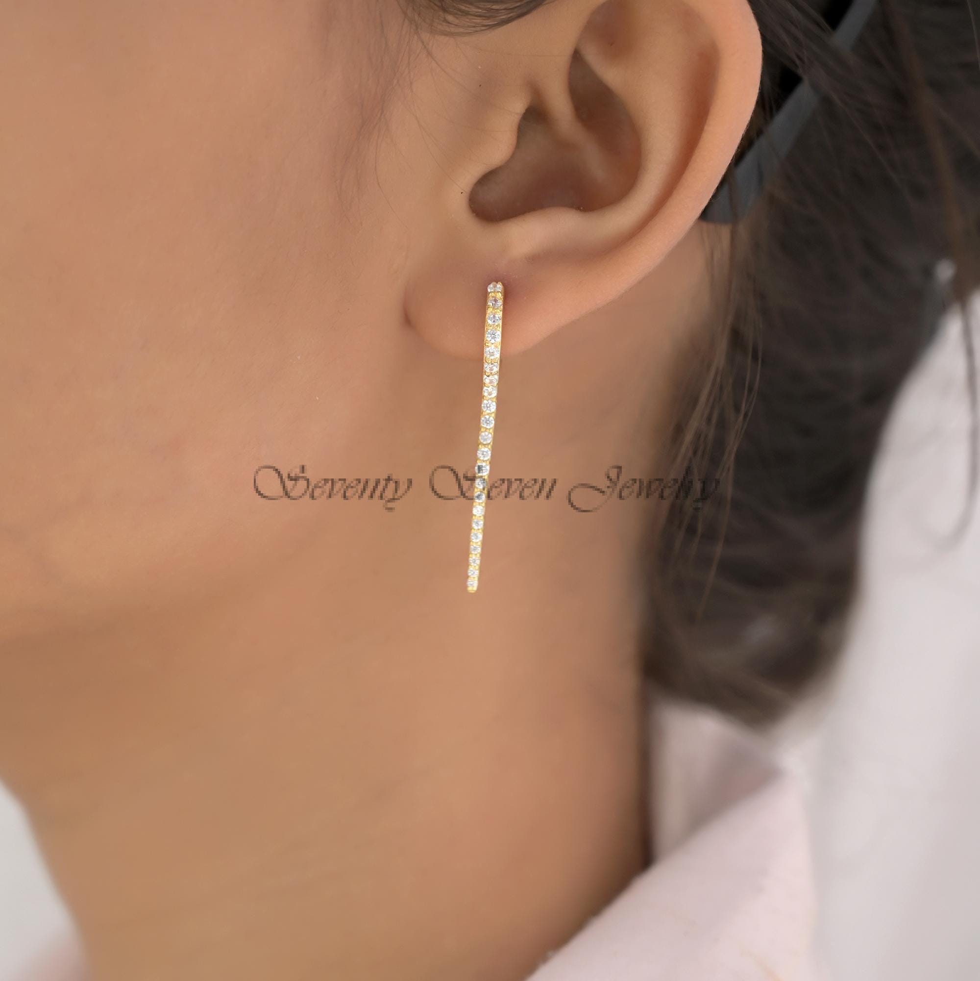14K Gold Moissanite Diamond Dangle Huggies: Giuletta Hoop Earrings - View 5 - Seventy Seven Jewelry | SKU: S77MJE1095-SLYGCZ- 14K Gold Moissanite Diamond Dangle Huggies: Giuletta Hoop Earrings - View 5 - Seventy Seven Jewelry | SKU: S77MJE1095-SLYGCZ-