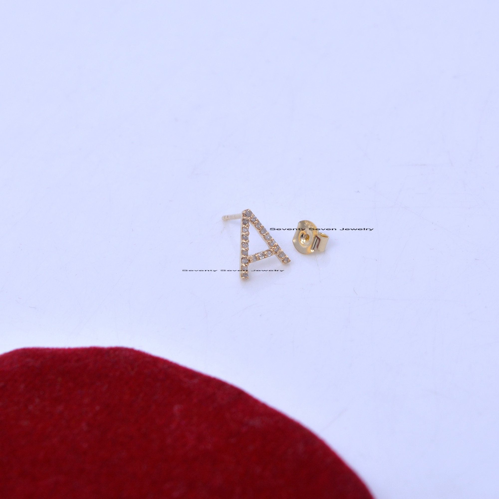 14K Gold Diamond Initial Stud Earrings: Pave Letter Studs - View 7 - Seventy Seven Jewelry | SKU: SSMJE323A-14KYGDI-V-25-07-2 14K Gold Diamond Initial Stud Earrings: Pave Letter Studs - View 7 - Seventy Seven Jewelry | SKU: SSMJE323A-14KYGDI-V-25-07-2