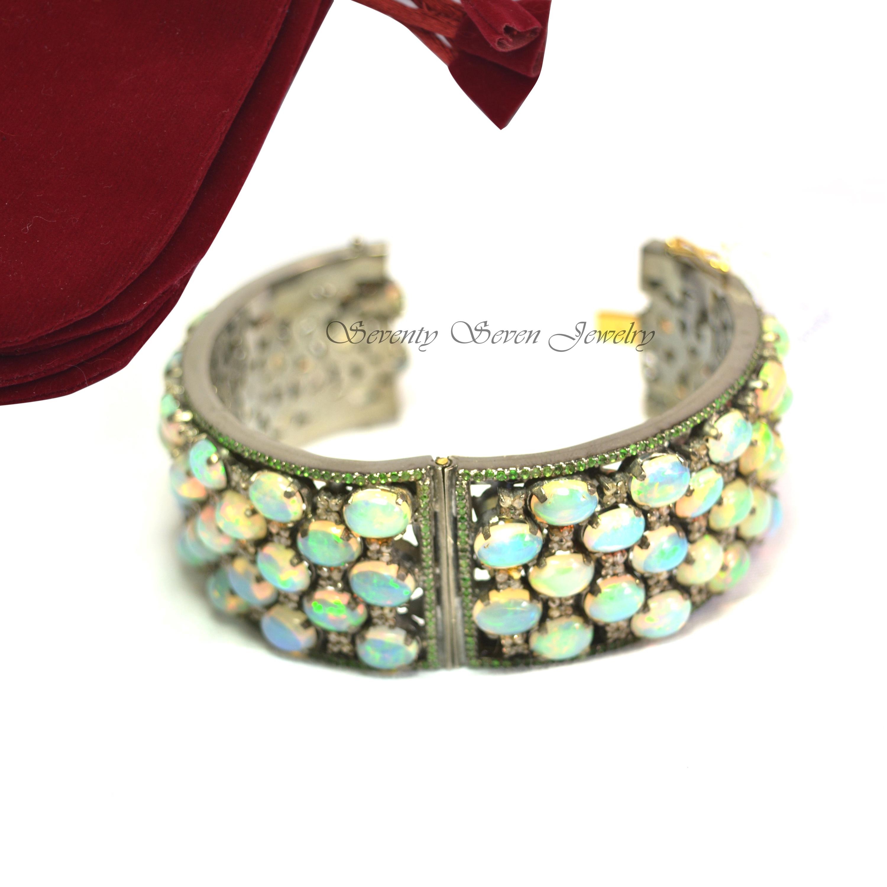 925 Silver Multi Gemstone Bangle: Opal, Diamond & Tsavorite - View 6 - Seventy Seven Jewelry | SKU: SSMJB11-SLRHDITSOP-2026 925 Silver Multi Gemstone Bangle: Opal, Diamond & Tsavorite - View 6 - Seventy Seven Jewelry | SKU: SSMJB11-SLRHDITSOP-2026