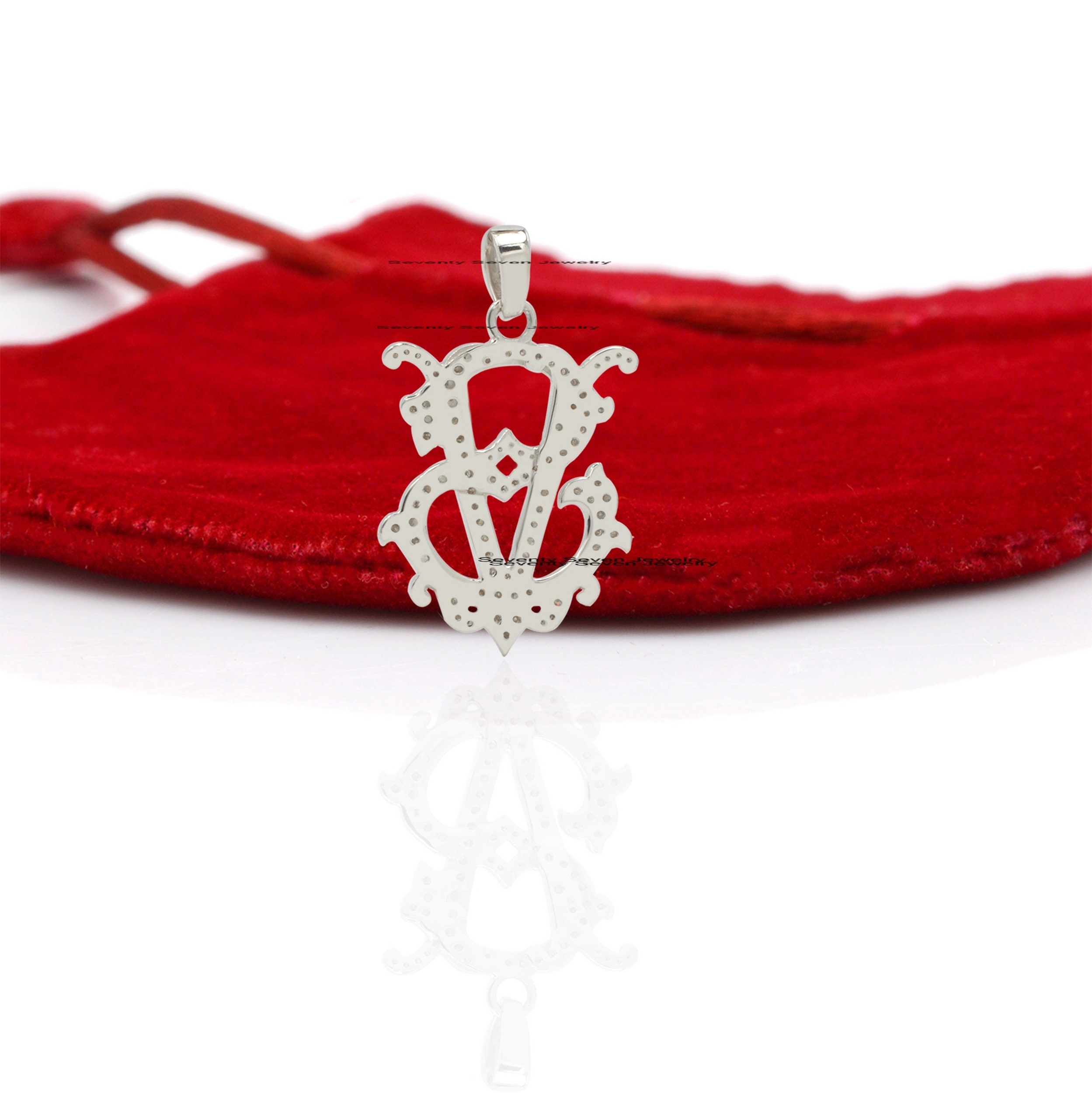 925 Silver Diamond Monogram Pendant: Personalized Initial Necklace - View 2 - Seventy Seven Jewelry | SKU: SSMJP20-SLRHDI-202 925 Silver Diamond Monogram Pendant: Personalized Initial Necklace - View 2 - Seventy Seven Jewelry | SKU: SSMJP20-SLRHDI-202
