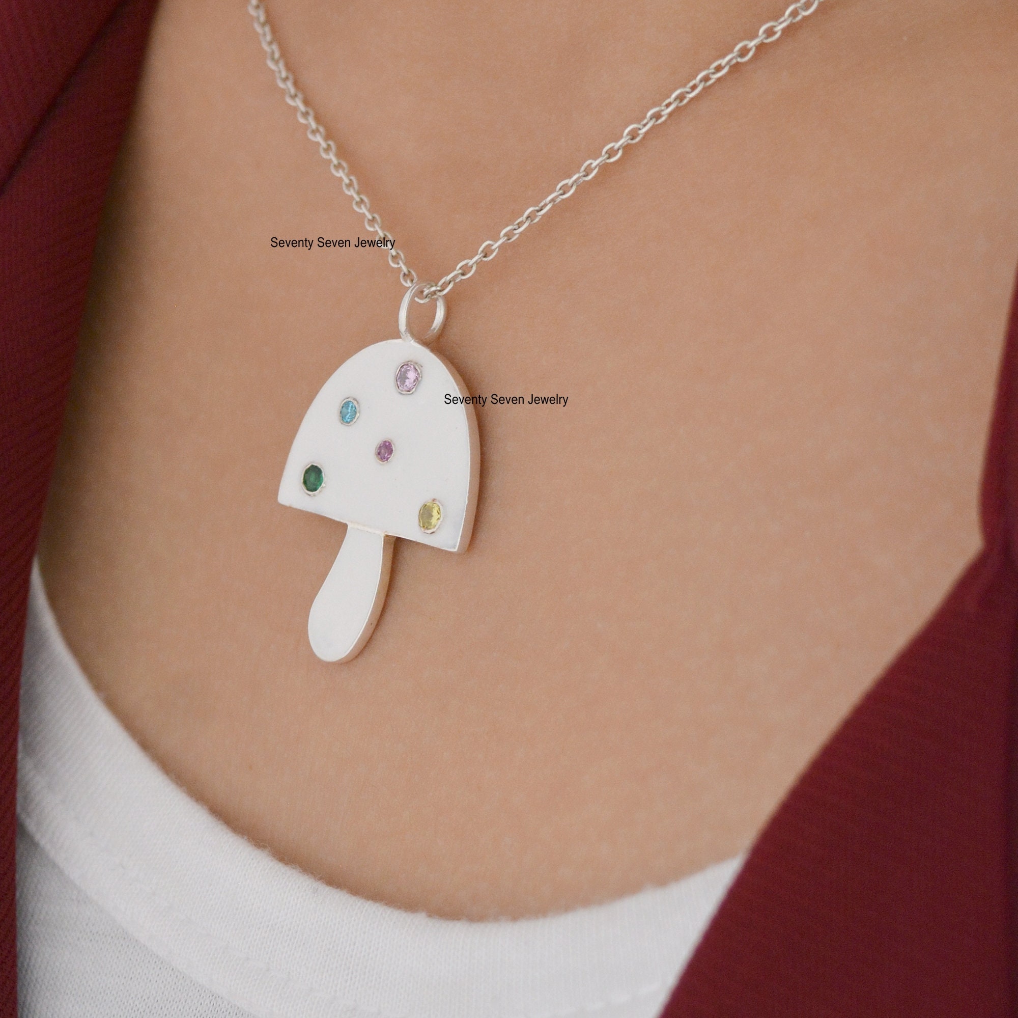 Handmade Sterling Silver Mushroom Pendant: Gemstone Charm Jewelry - View 2 - Seventy Seven Jewelry | SKU: SSMJP902-SLYGMTELB- Handmade Sterling Silver Mushroom Pendant: Gemstone Charm Jewelry - View 2 - Seventy Seven Jewelry | SKU: SSMJP902-SLYGMTELB-