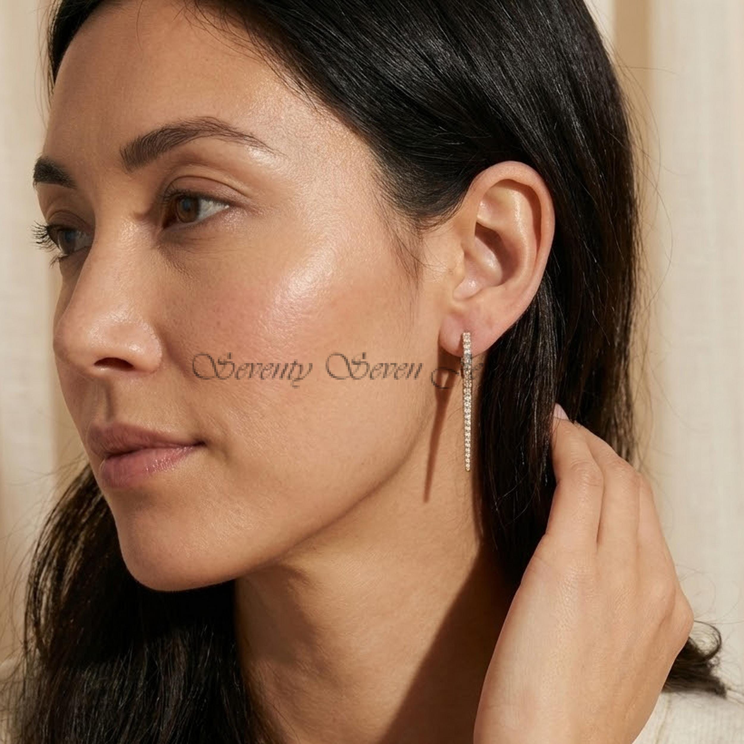 14K Gold Moissanite Diamond Dangle Huggies: Giuletta Hoop Earrings - View 2 - Seventy Seven Jewelry | SKU: S77MJE1095-SLYGCZ- 14K Gold Moissanite Diamond Dangle Huggies: Giuletta Hoop Earrings - View 2 - Seventy Seven Jewelry | SKU: S77MJE1095-SLYGCZ-