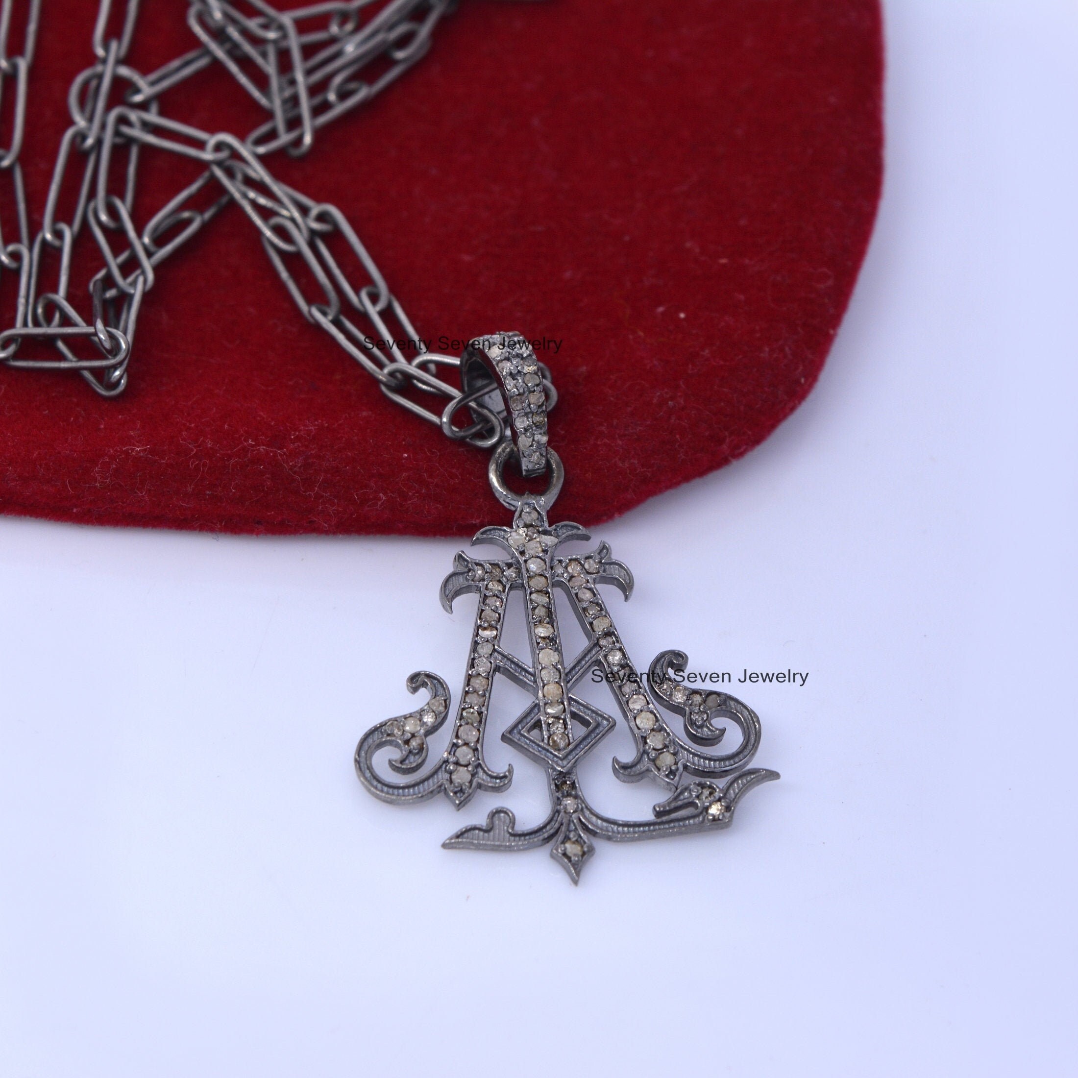 925 Silver Diamond Monogram Pendant: Personalized Initial Necklace - View 7 - Seventy Seven Jewelry | SKU: SSMJP20-SLRHDI-202 925 Silver Diamond Monogram Pendant: Personalized Initial Necklace - View 7 - Seventy Seven Jewelry | SKU: SSMJP20-SLRHDI-202
