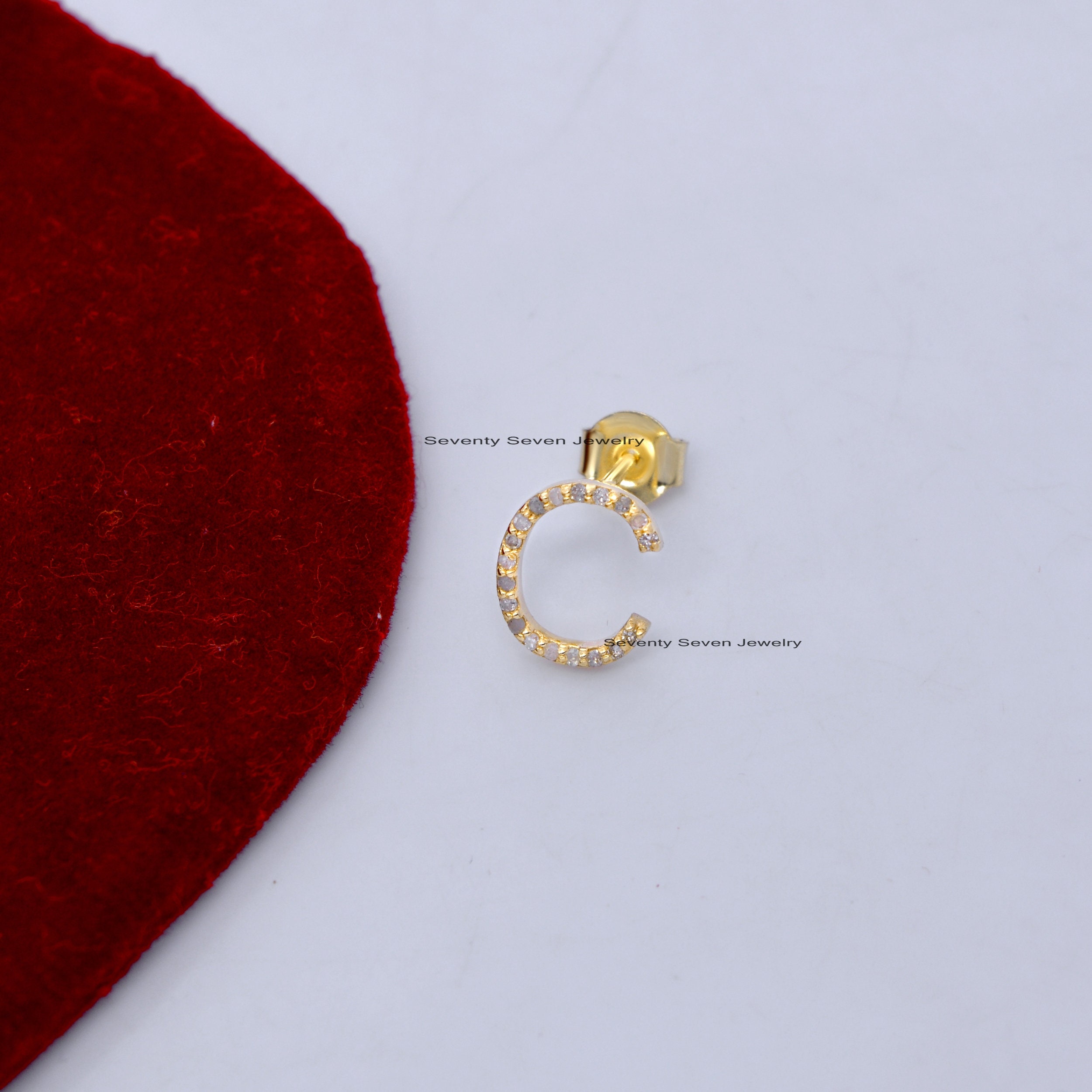 14K Gold Diamond Initial Stud Earrings: Pave Letter Studs - View 5 - Seventy Seven Jewelry | SKU: SSMJE323A-14KYGDI-V-25-07-2 14K Gold Diamond Initial Stud Earrings: Pave Letter Studs - View 5 - Seventy Seven Jewelry | SKU: SSMJE323A-14KYGDI-V-25-07-2