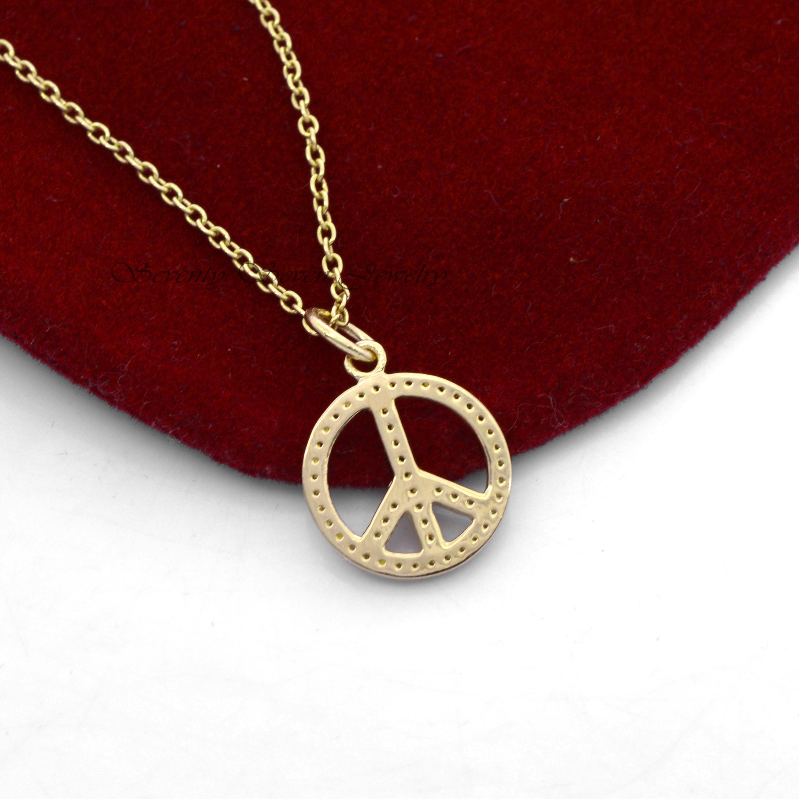 Diamond Peace Sign Pendant Necklace: Sterling Silver Charm (16 MM) - View 4 - Seventy Seven Jewelry | SKU: SSMJP357-SLYGDI-16 Diamond Peace Sign Pendant Necklace: Sterling Silver Charm (16 MM) - View 4 - Seventy Seven Jewelry | SKU: SSMJP357-SLYGDI-16