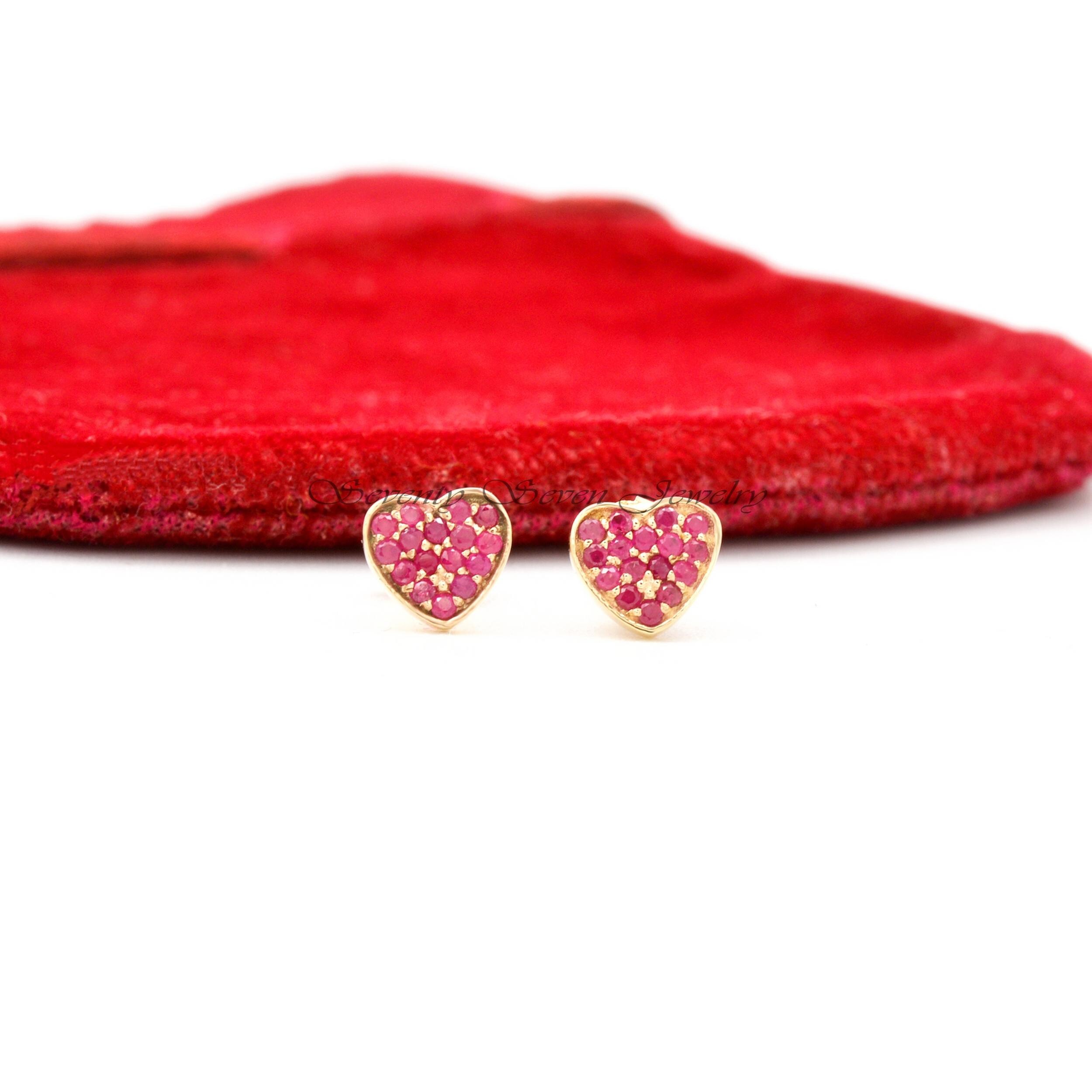 14K Gold Diamond Heart Studs: Minimalist Gemstone Earrings (6MM) - View 7 - Seventy Seven Jewelry | SKU: SSMJE307-14KYGDI-202 14K Gold Diamond Heart Studs: Minimalist Gemstone Earrings (6MM) - View 7 - Seventy Seven Jewelry | SKU: SSMJE307-14KYGDI-202