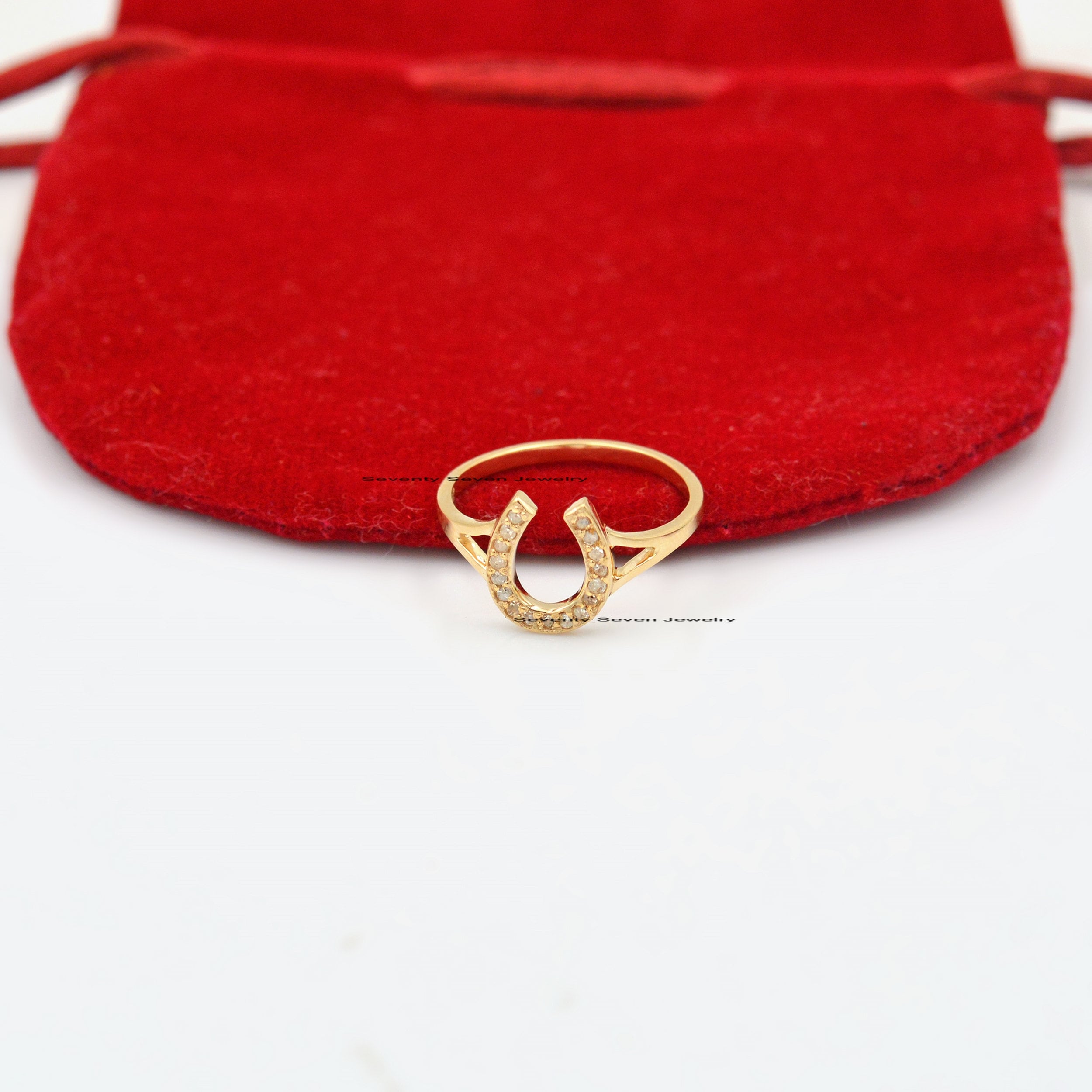 14K Gold Diamond Horseshoe Ring: Lucky Vintage Style - View 4 - Seventy Seven Jewelry | SKU: SSMJR406-14KYGWGDI-2026 14K Gold Diamond Horseshoe Ring: Lucky Vintage Style - View 4 - Seventy Seven Jewelry | SKU: SSMJR406-14KYGWGDI-2026