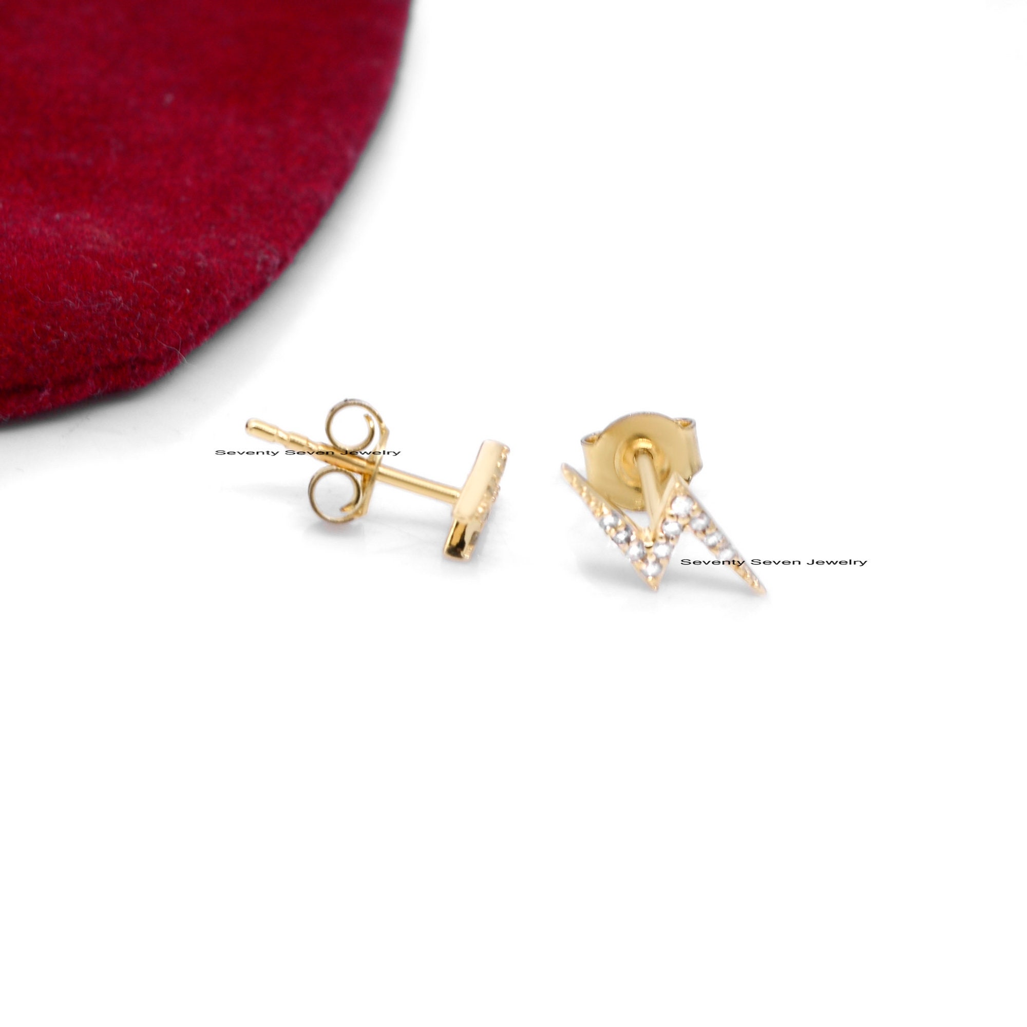 14K Gold Diamond Lightning Bolt Studs: Zig-Zag Earrings - View 5 - Seventy Seven Jewelry | SKU: SSMJE379-14KYGDI-2026 14K Gold Diamond Lightning Bolt Studs: Zig-Zag Earrings - View 5 - Seventy Seven Jewelry | SKU: SSMJE379-14KYGDI-2026