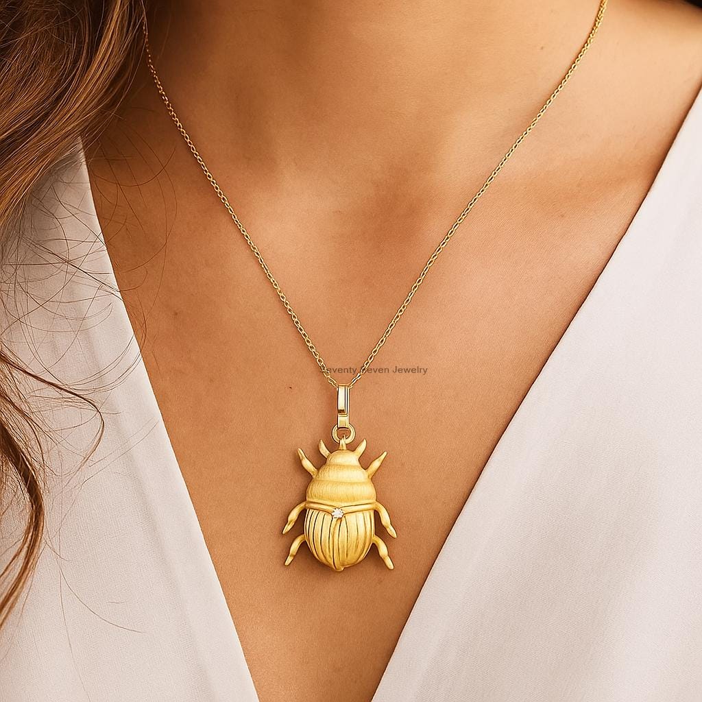 14K Gold Plated Scarab Pendant, Sterling Silver, CZ Gemstone - View 2 - Seventy Seven Jewelry | SKU: SSMJP 14K Gold Plated Scarab Pendant, Sterling Silver, CZ Gemstone - View 2 - Seventy Seven Jewelry | SKU: SSMJP
