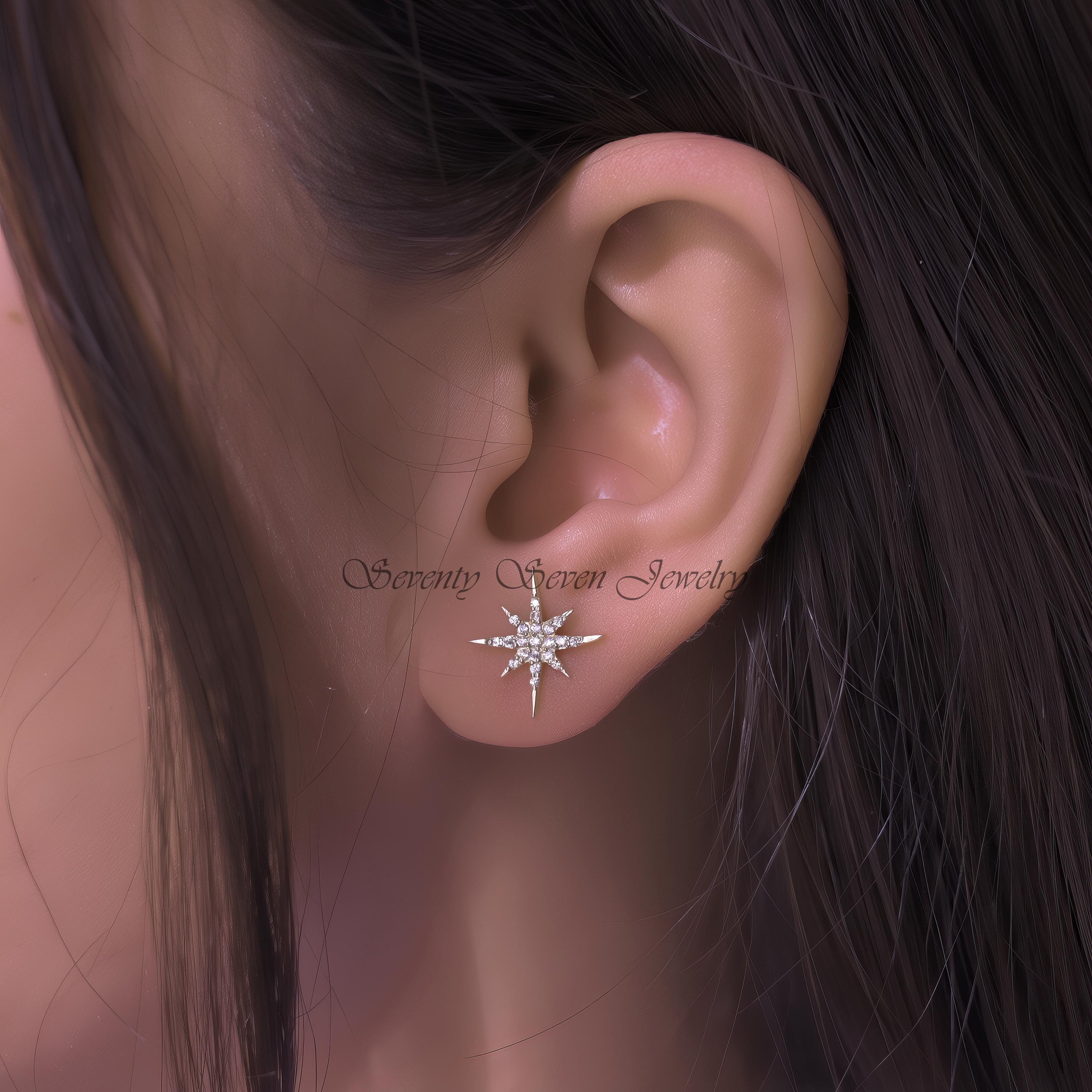 14k Gold Diamond Starburst Stud Earrings, Tiny 12mm Jewelry - View 6 - Seventy Seven Jewelry | SKU: SSMJE325-14KYGDI 14k Gold Diamond Starburst Stud Earrings, Tiny 12mm Jewelry - View 6 - Seventy Seven Jewelry | SKU: SSMJE325-14KYGDI