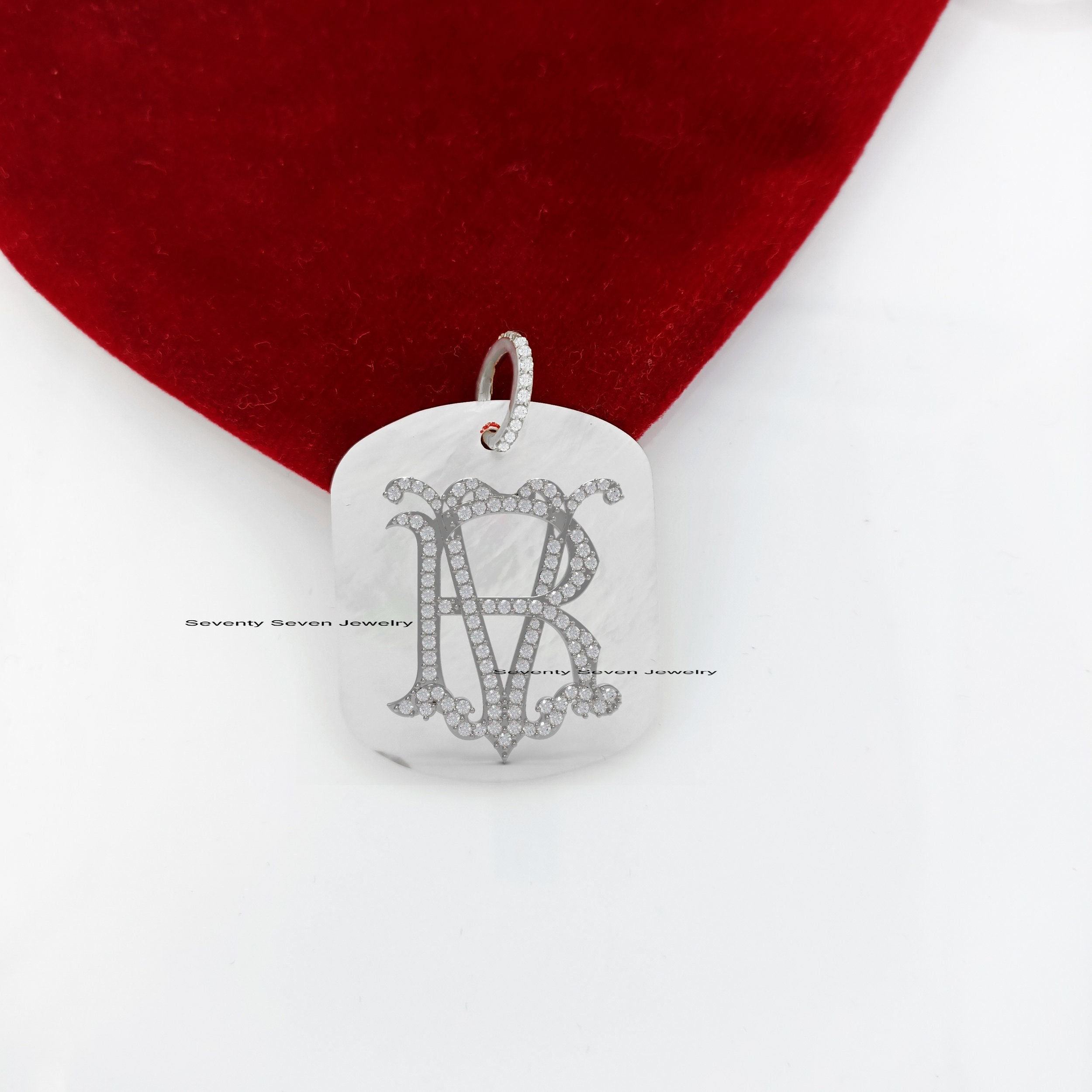 925 Silver Monogram Dog Tag Pendant: Mother of Pearl Initial Necklace - View 5 - Seventy Seven Jewelry | SKU: SSMJP631-SLRHMO 925 Silver Monogram Dog Tag Pendant: Mother of Pearl Initial Necklace - View 5 - Seventy Seven Jewelry | SKU: SSMJP631-SLRHMO