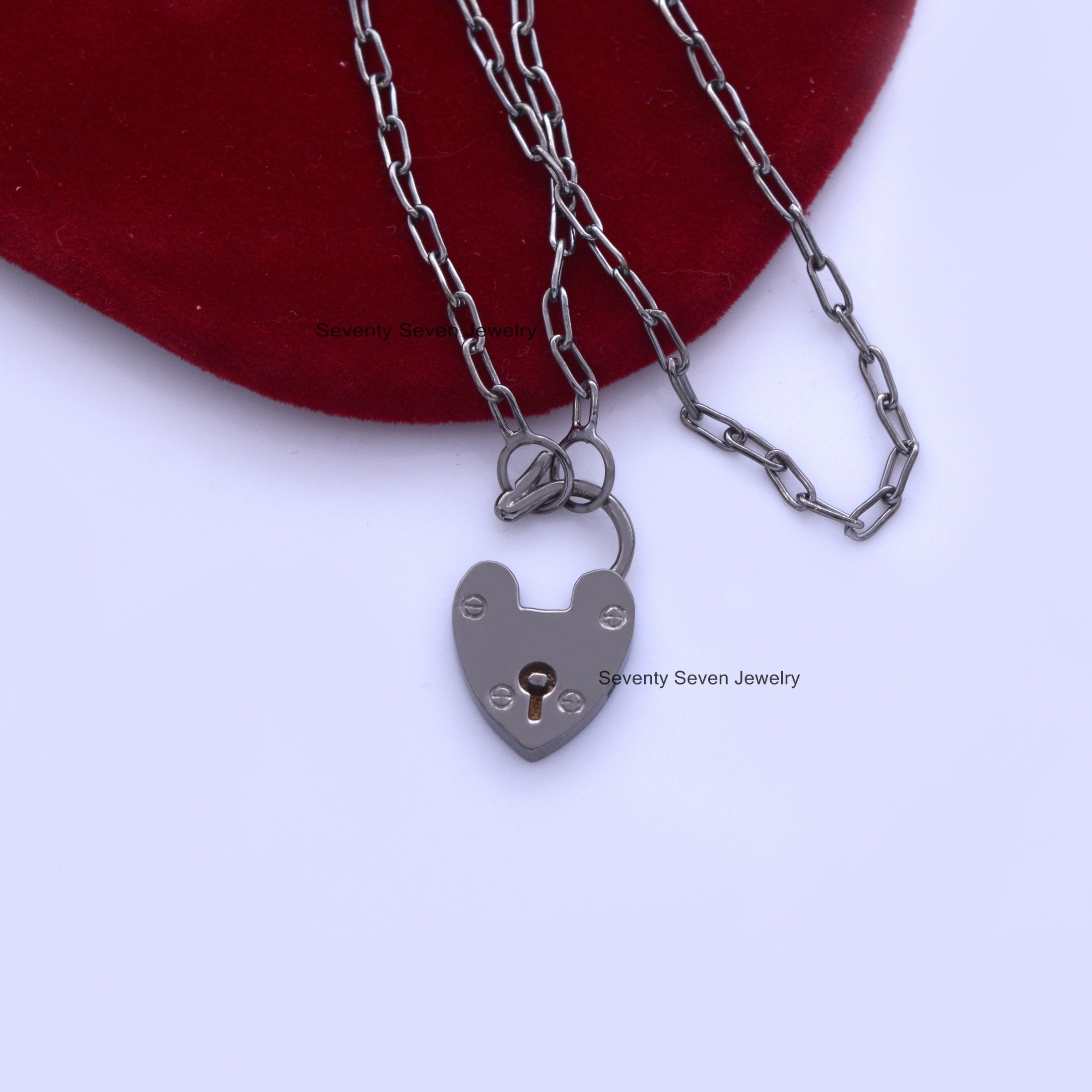 Dainty Heart Padlock Necklace, 925 Sterling Silver, Openable Lock - View 5 - Seventy Seven Jewelry | SKU: SSMJP48-SLRH-G6A-18 Dainty Heart Padlock Necklace, 925 Sterling Silver, Openable Lock - View 5 - Seventy Seven Jewelry | SKU: SSMJP48-SLRH-G6A-18