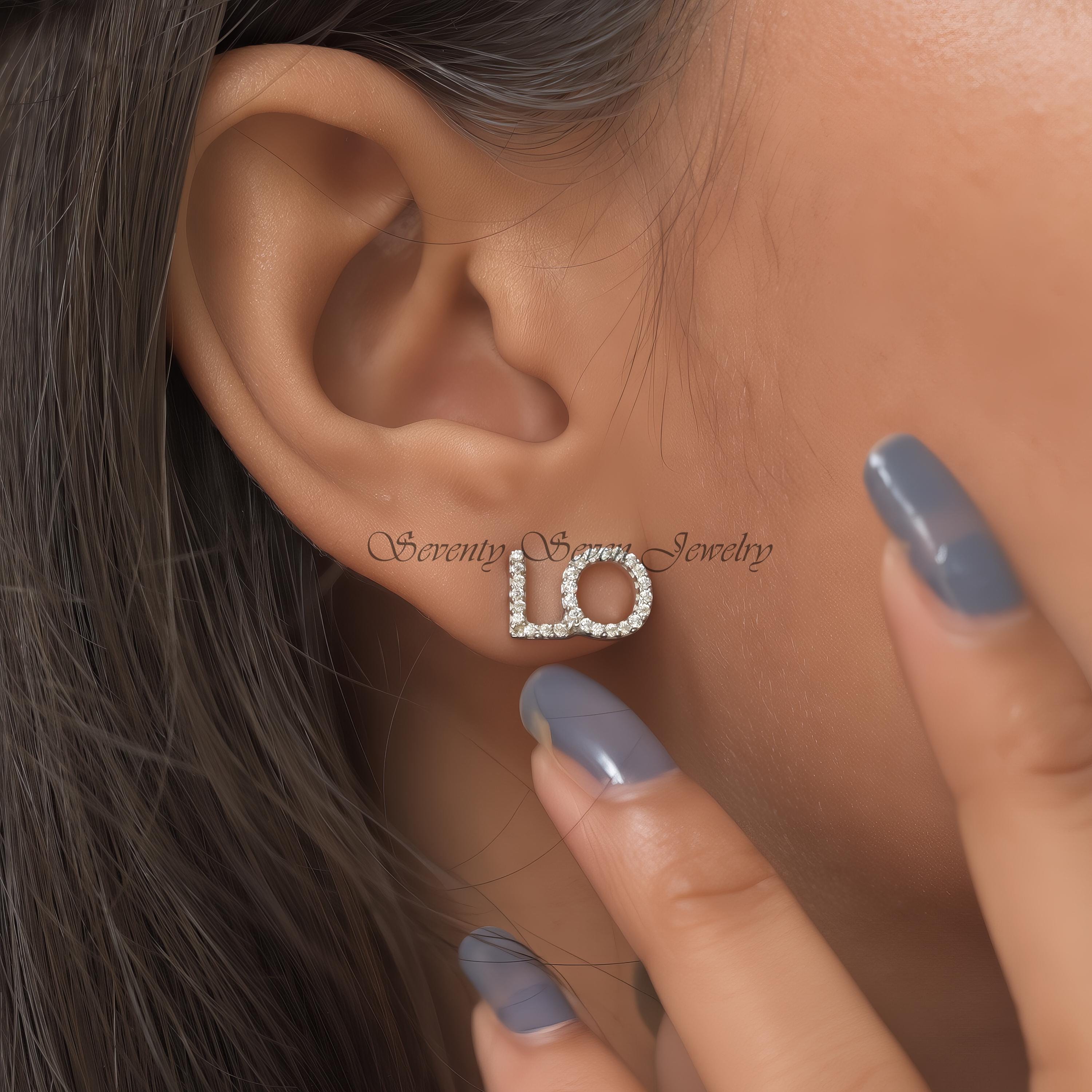 14K Gold Lab-Grown Diamond LOVE Stud Earrings | 10mm Sparkling Studs for Everyday - View 2 - Seventy Seven Jewelry | SKU: SSM 14K Gold Lab-Grown Diamond LOVE Stud Earrings | 10mm Sparkling Studs for Everyday - View 2 - Seventy Seven Jewelry | SKU: SSM