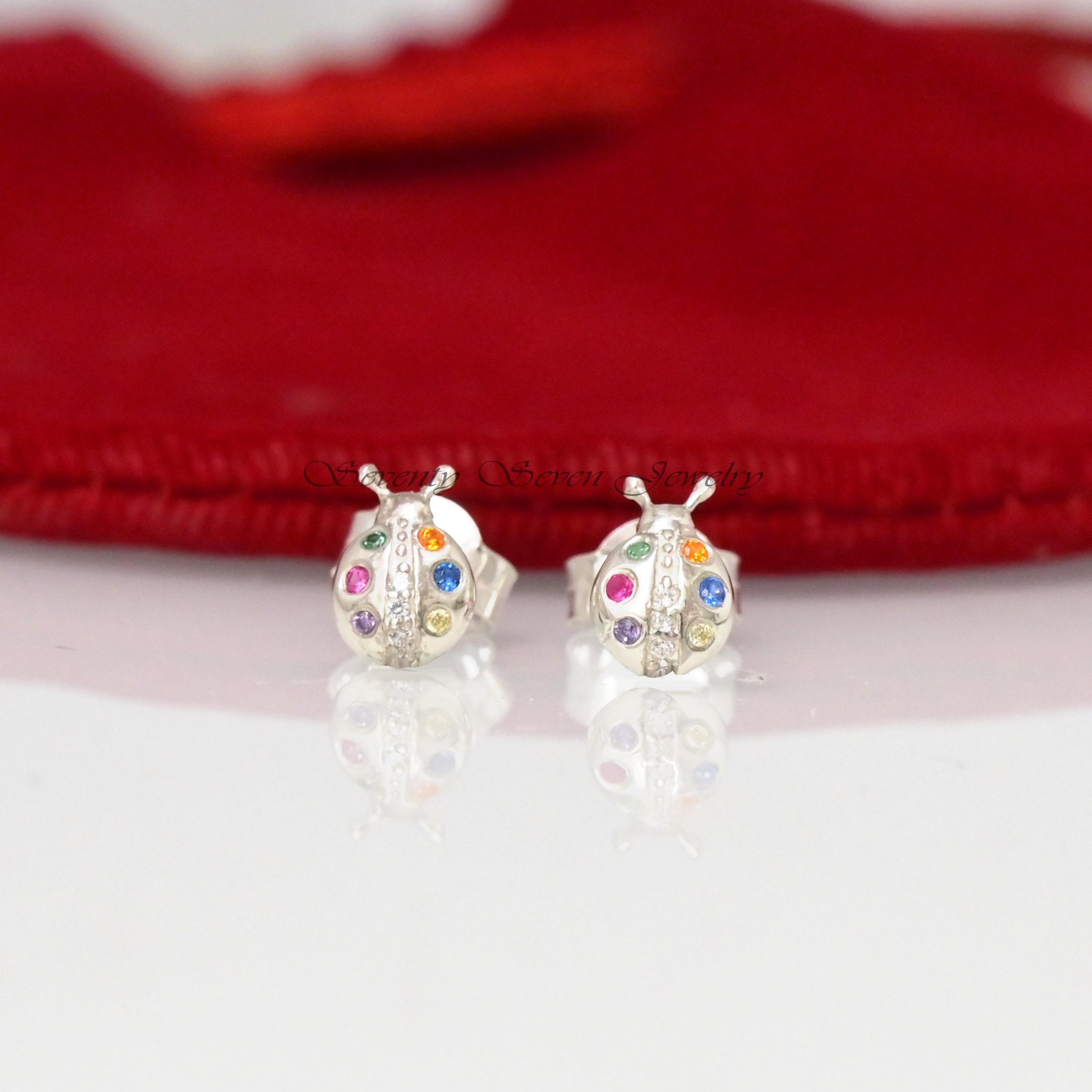 925 Silver Ladybug Stud Earrings: Multi-Color Gemstone Bug Jewelry - View 3 - Seventy Seven Jewelry | SKU: SSMJE1063-SLNSMTCS 925 Silver Ladybug Stud Earrings: Multi-Color Gemstone Bug Jewelry - View 3 - Seventy Seven Jewelry | SKU: SSMJE1063-SLNSMTCS