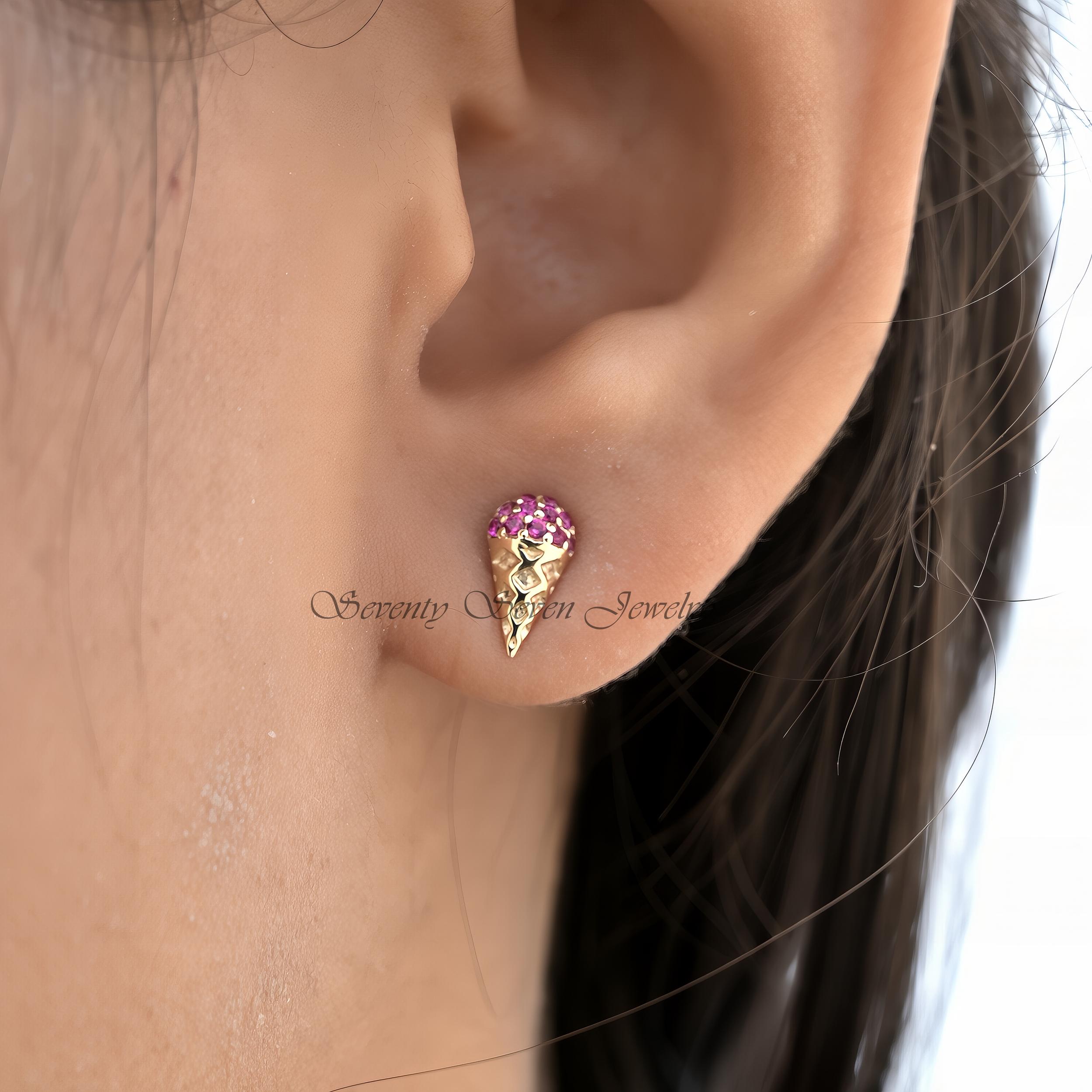 14k Gold Ruby Ice Cream Cone Stud Earrings: Minimalist Gemstone Jewelry - View 3 - Seventy Seven Jewelry | SKU: SSMJE896-14KY 14k Gold Ruby Ice Cream Cone Stud Earrings: Minimalist Gemstone Jewelry - View 3 - Seventy Seven Jewelry | SKU: SSMJE896-14KY