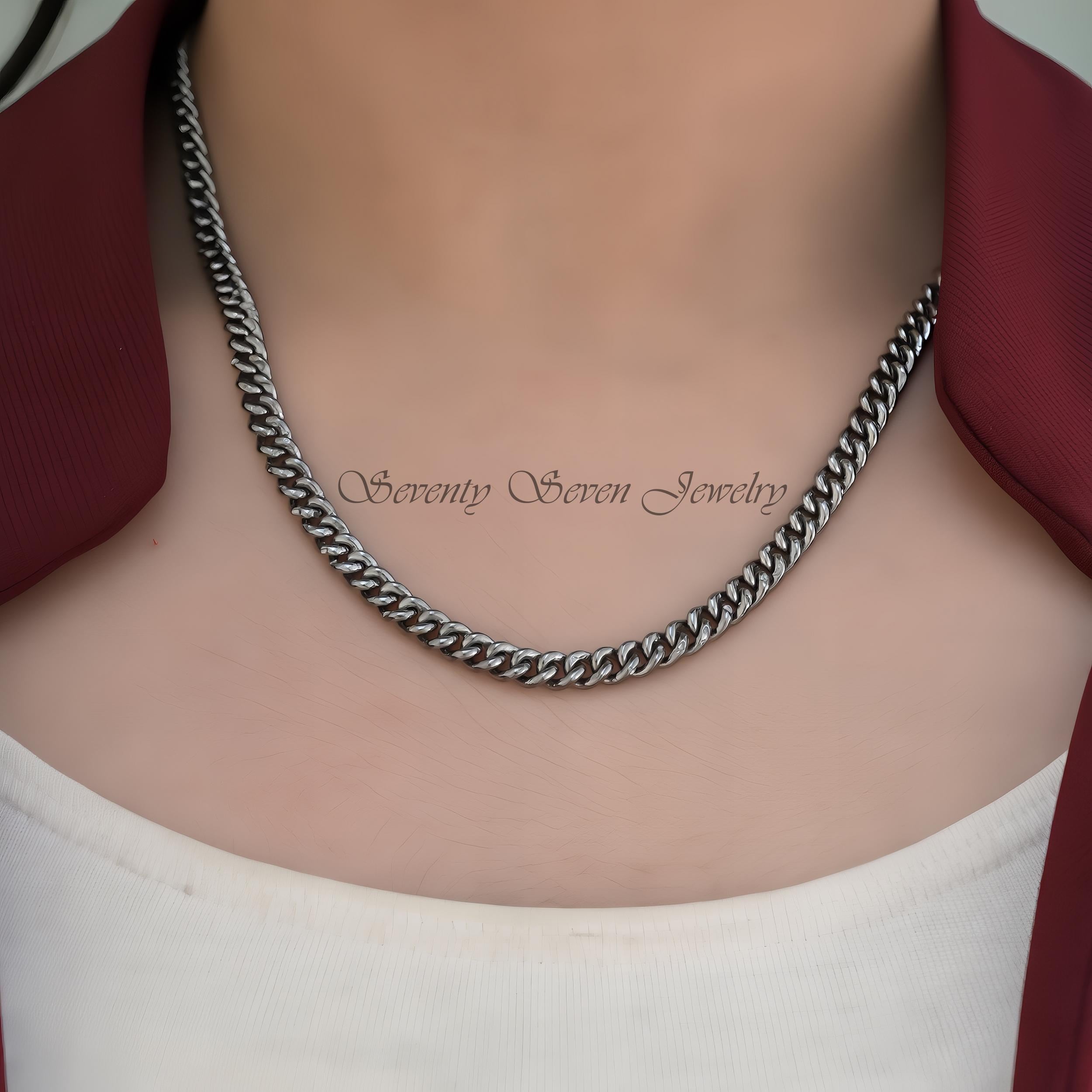 Sterling Silver Curb Chain Necklace: 4.5mm Cuban Link Choker - View 3 - Seventy Seven Jewelry | SKU: SSG17-SLYG-5M-18I-V Sterling Silver Curb Chain Necklace: 4.5mm Cuban Link Choker - View 3 - Seventy Seven Jewelry | SKU: SSG17-SLYG-5M-18I-V