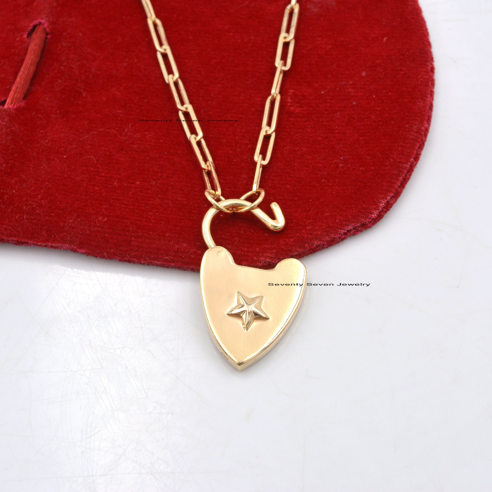 Gold Vermeil Heart Star Padlock Pendant: Sterling Silver Connector (30mm) - View 3 - Seventy Seven Jewelry | SKU: SSMJP47-SLR Gold Vermeil Heart Star Padlock Pendant: Sterling Silver Connector (30mm) - View 3 - Seventy Seven Jewelry | SKU: SSMJP47-SLR