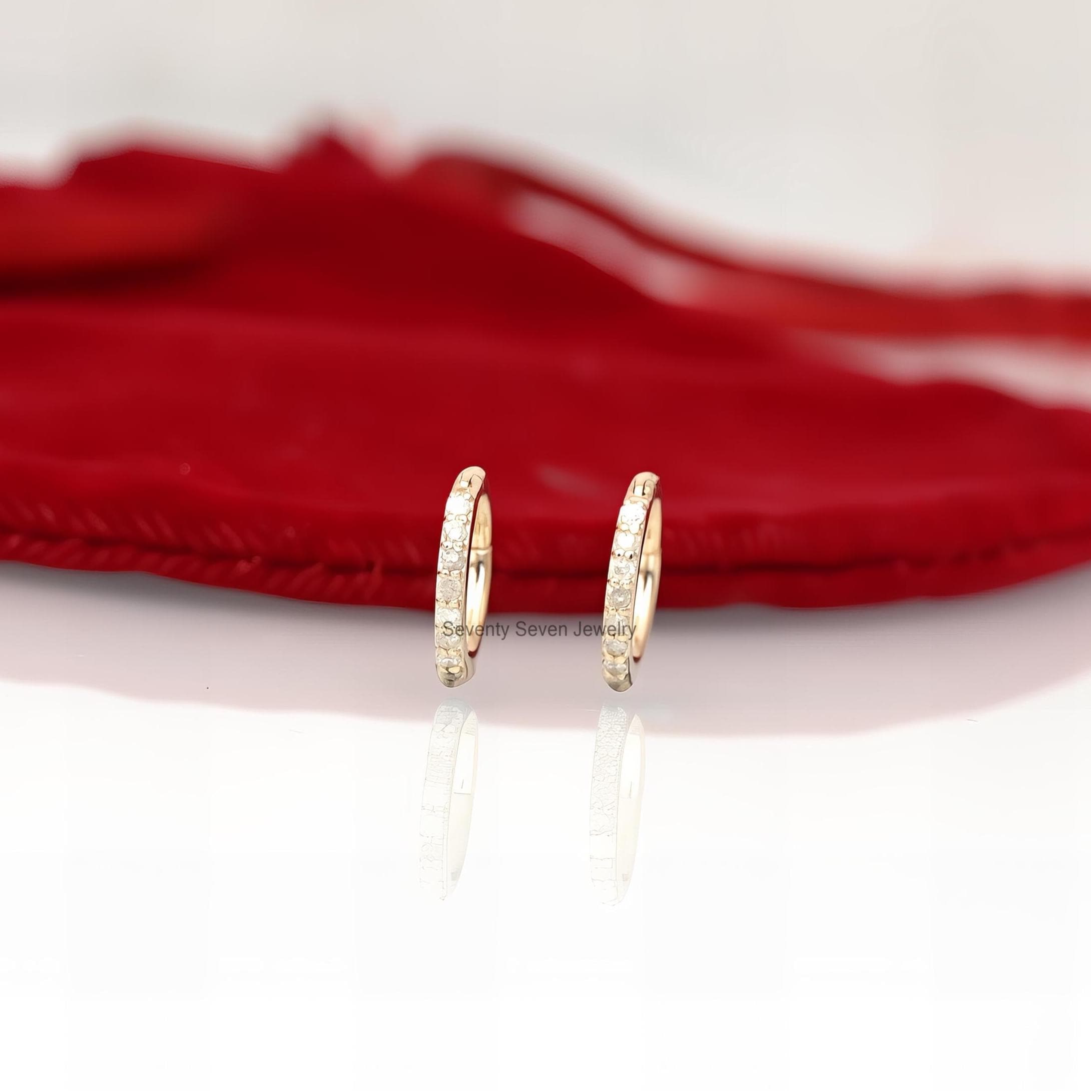 9k Gold Diamond Huggies: Minimalist Pave Hoop Earrings - View 3 - Seventy Seven Jewelry | SKU: SSMJE05-9KYGDI-2026 9k Gold Diamond Huggies: Minimalist Pave Hoop Earrings - View 3 - Seventy Seven Jewelry | SKU: SSMJE05-9KYGDI-2026