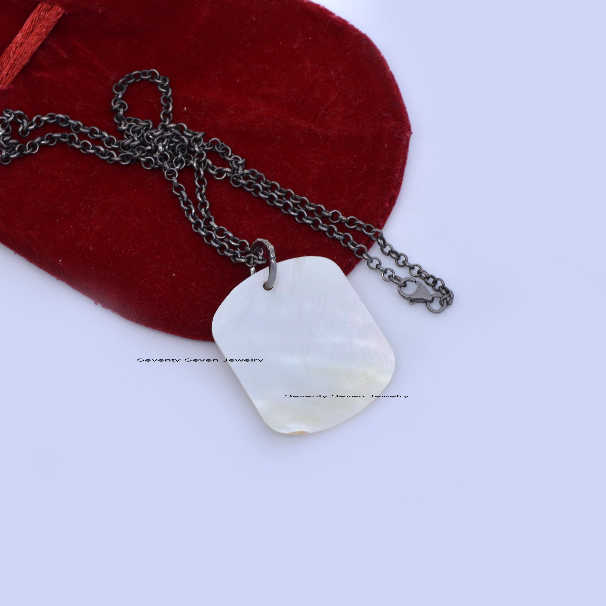 925 Silver Monogram Dog Tag Pendant: Mother of Pearl Initial Necklace - View 6 - Seventy Seven Jewelry | SKU: SSMJP631-SLRHMO 925 Silver Monogram Dog Tag Pendant: Mother of Pearl Initial Necklace - View 6 - Seventy Seven Jewelry | SKU: SSMJP631-SLRHMO