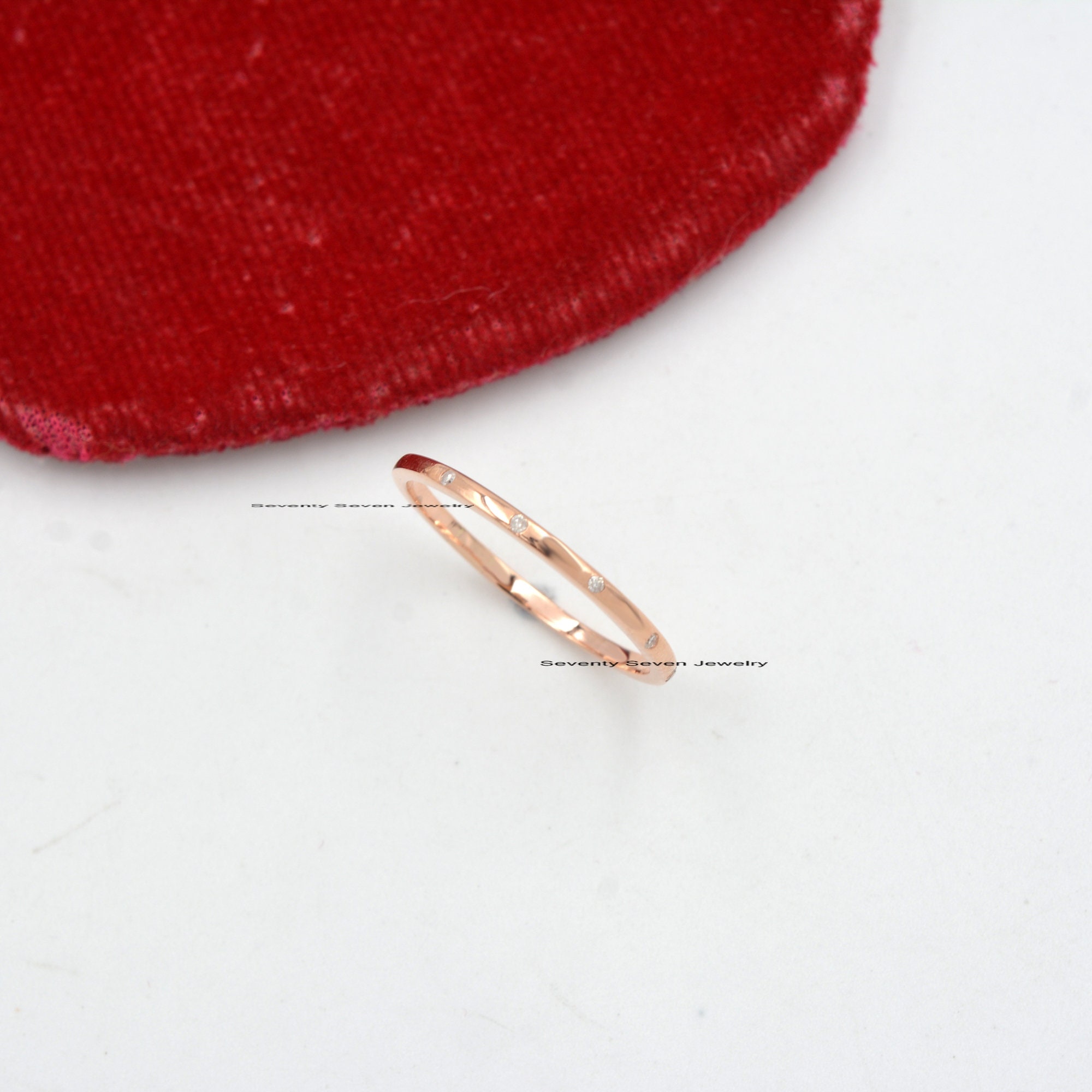 14k Gold Diamond Wedding Band Ring: Thin Dainty Gemstone - View 2 - Seventy Seven Jewelry | SKU: SSMJR08-14KYGDI-2026 14k Gold Diamond Wedding Band Ring: Thin Dainty Gemstone - View 2 - Seventy Seven Jewelry | SKU: SSMJR08-14KYGDI-2026
