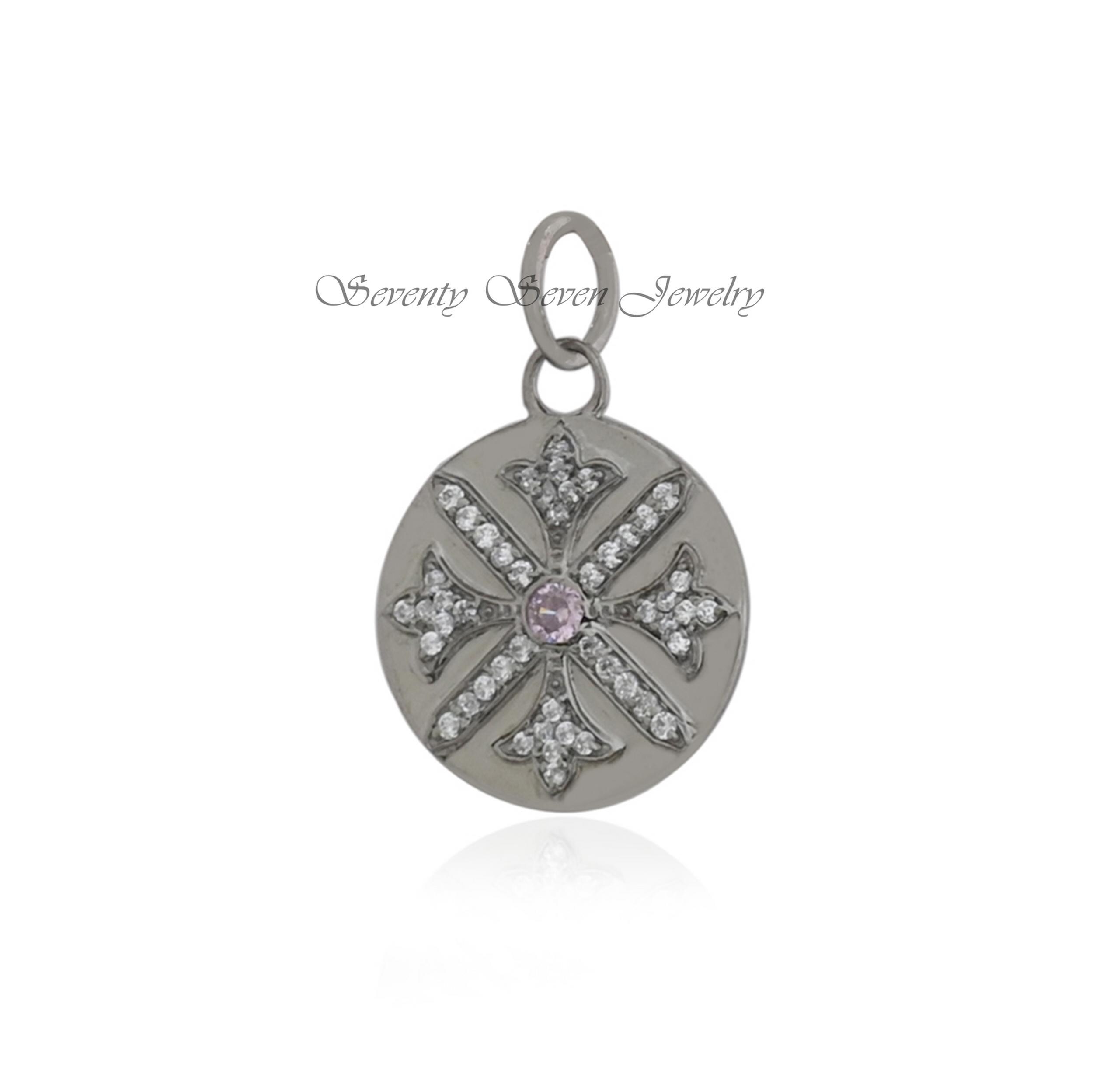 925 Silver Round Disc Pendant: CZ Pave Star Charm - View 4 - Seventy Seven Jewelry | SKU: SSMJP429-SLYGCZP-2026